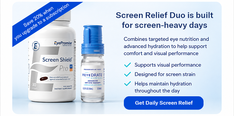 Bottle of Screen Shield Pro and Heyedrate Clinical on a light blue surface