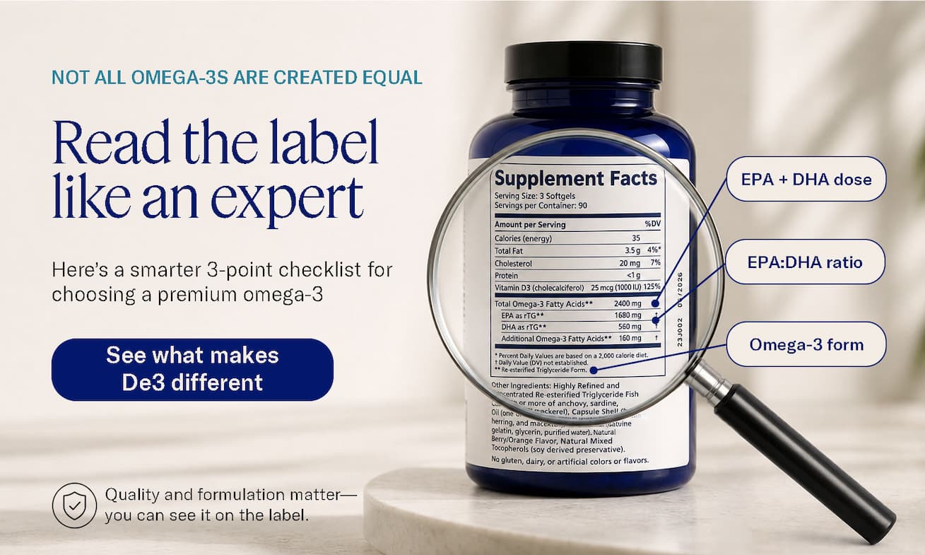 A bottle of De3 with the back label showing the Supplement Facts and copy that reads, "Read the label like an expert"