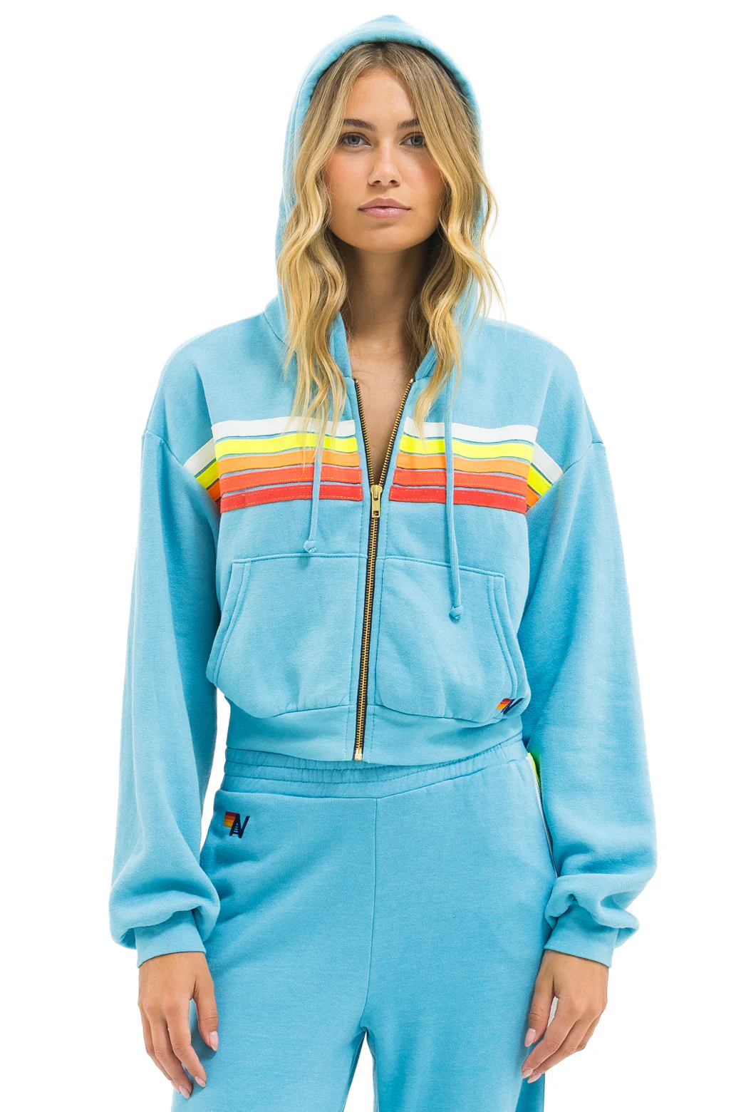 Image of 5 STRIPE CROPPED ZIP HOODIE RELAXED - AQUA // WHITE NEON