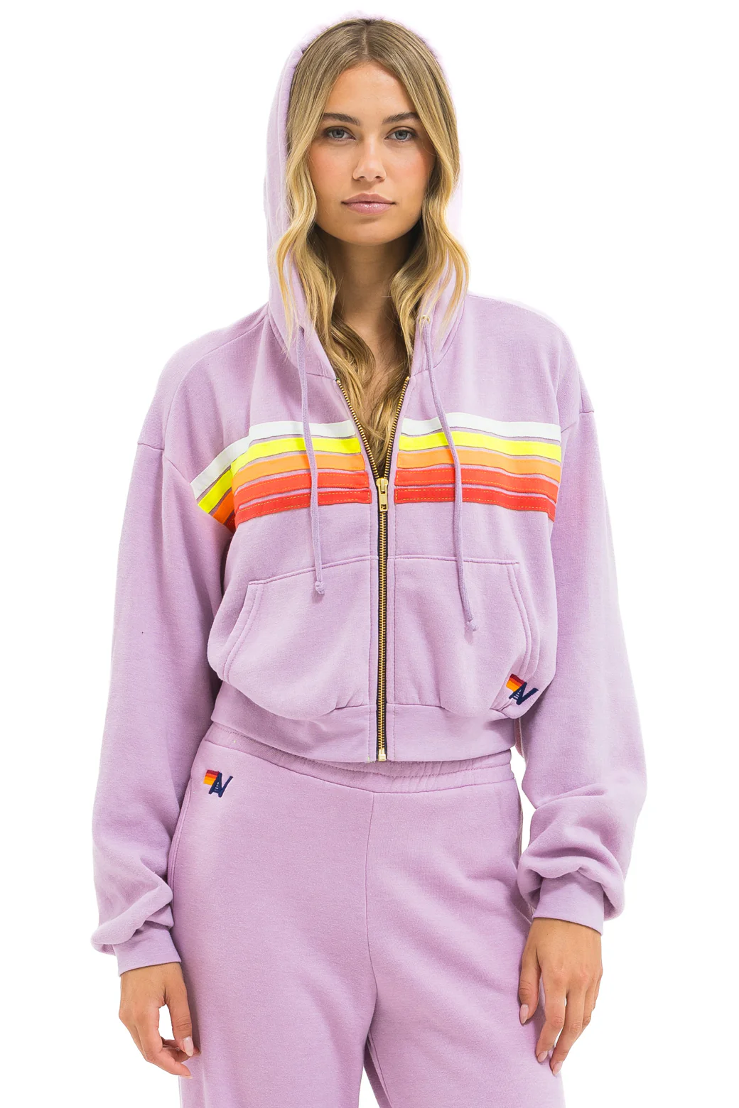 Image of 5 STRIPE CROPPED ZIP HOODIE RELAXED - MAUVE // WHITE NEON