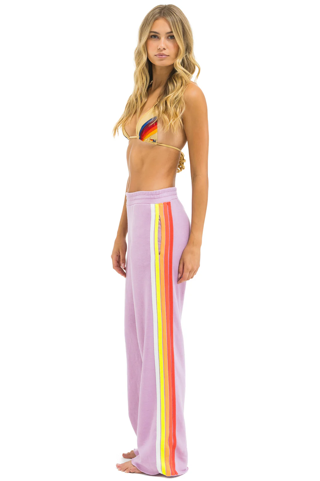 Image of 5 STRIPE WIDE LEG POCKET SWEATPANTS - MAUVE // WHITE NEON