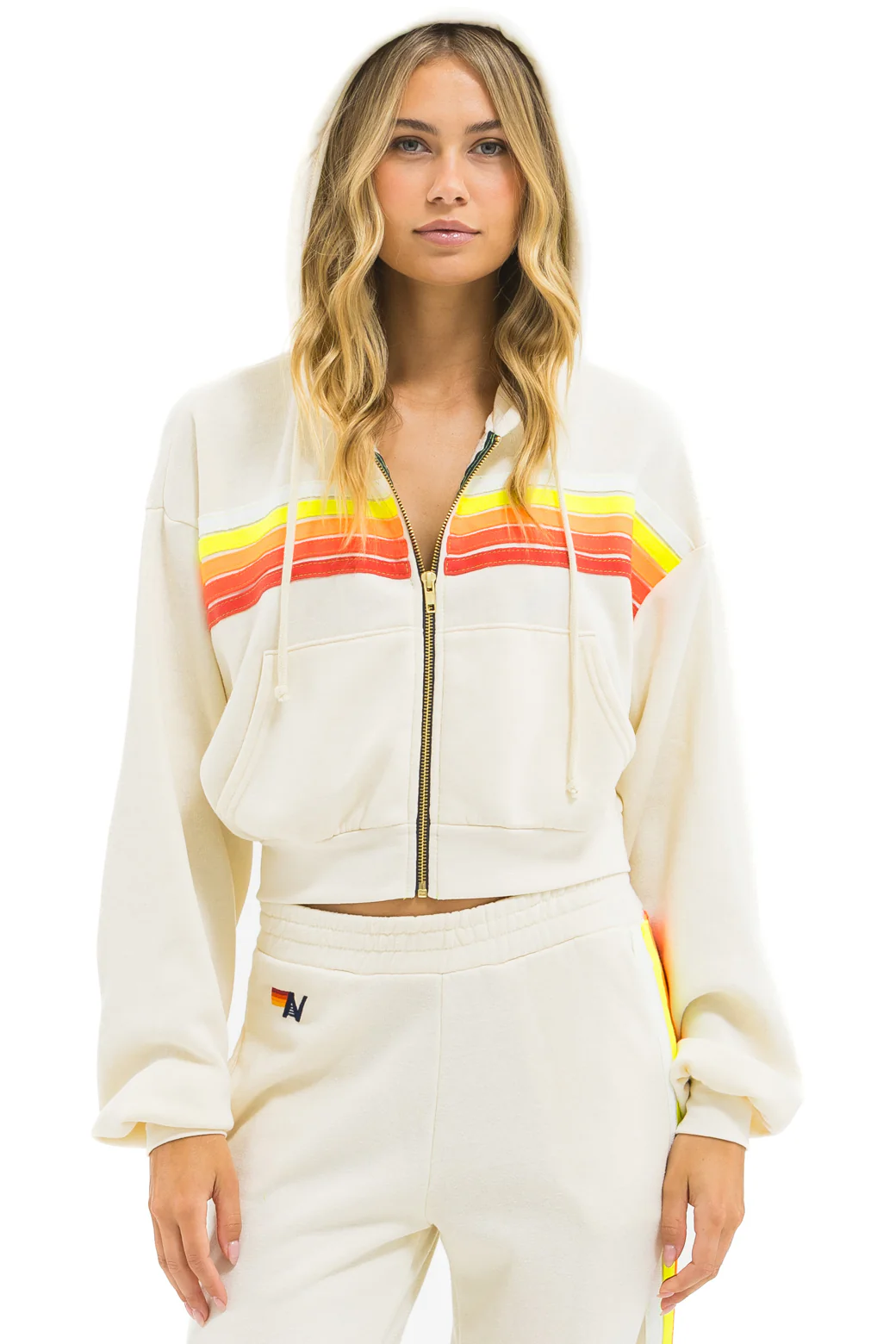 Image of 5 STRIPE CROPPED ZIP HOODIE RELAXED - VINTAGE WHITE // WHITE NEON