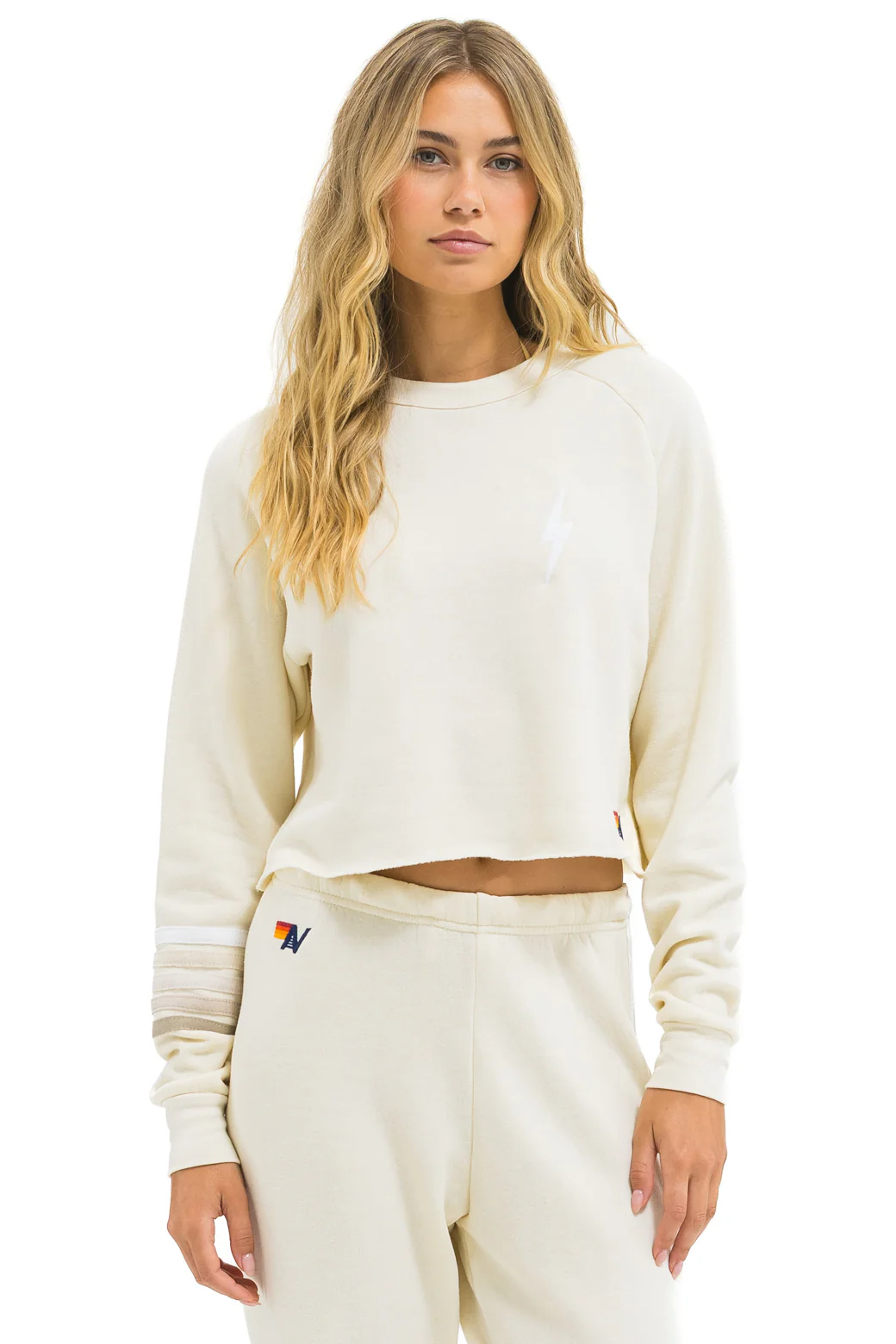 Image of BOLT RUGBY STITCH CROPPED CREW SWEATSHIRT - VINTAGE WHITE // WHITE GREY