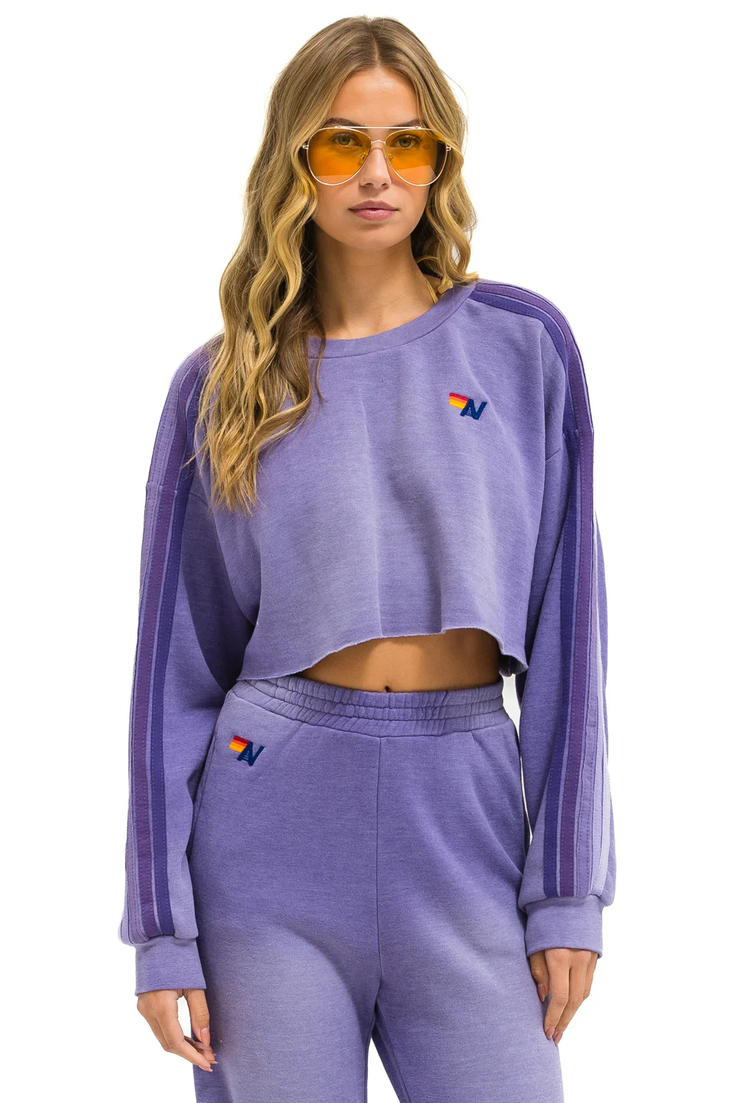 Image of CLASSIC STRIPE CROPPED CREW SWEATSHIRT RELAXED - FADED GRAPE
