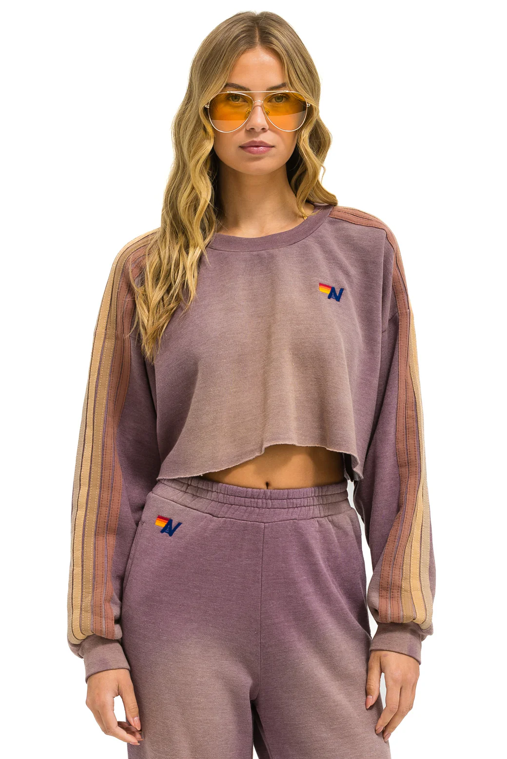 Image of CLASSIC STRIPE CROPPED CREW SWEATSHIRT RELAXED - FADED MOCHA