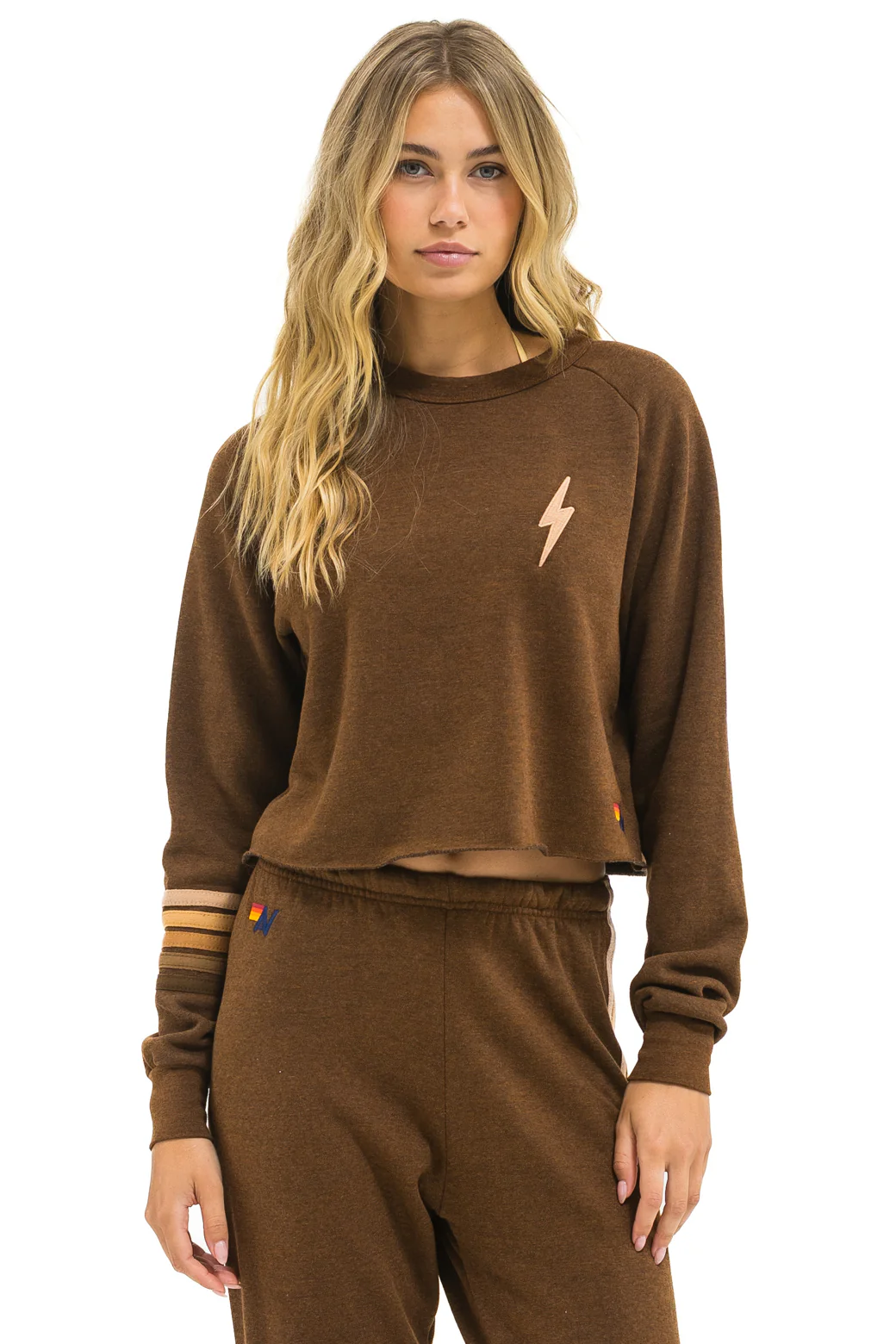 Image of BOLT RUGBY STITCH CROPPED CREW SWEATSHIRT - CHOCOLATE // ESPRESSO