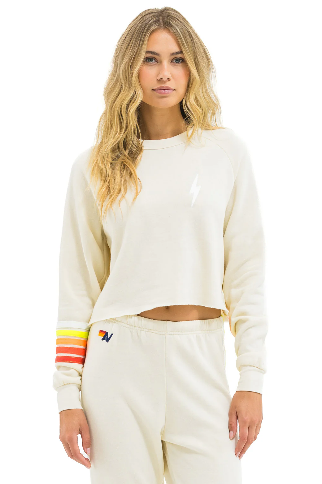 Image of BOLT RUGBY STITCH CROPPED CREW SWEATSHIRT - VINTAGE WHITE // WHITE NEON