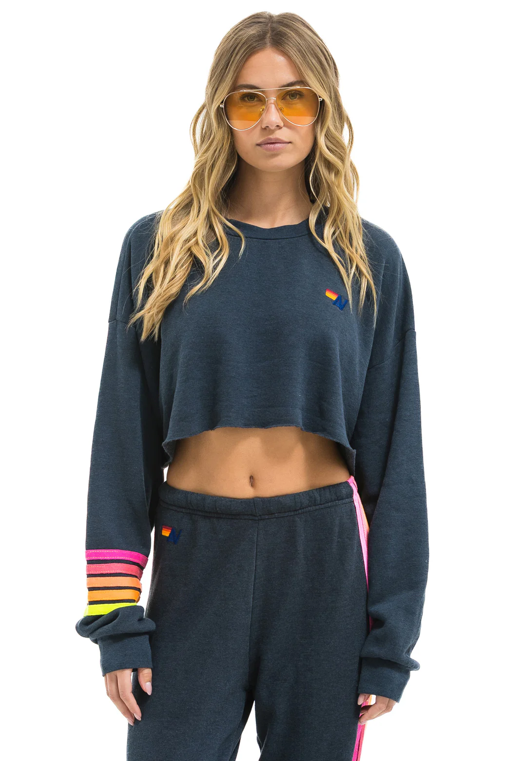 Image of RUGBY STITCH CROPPED CREW SWEATSHIRT RELAXED - CHARCOAL // NEON