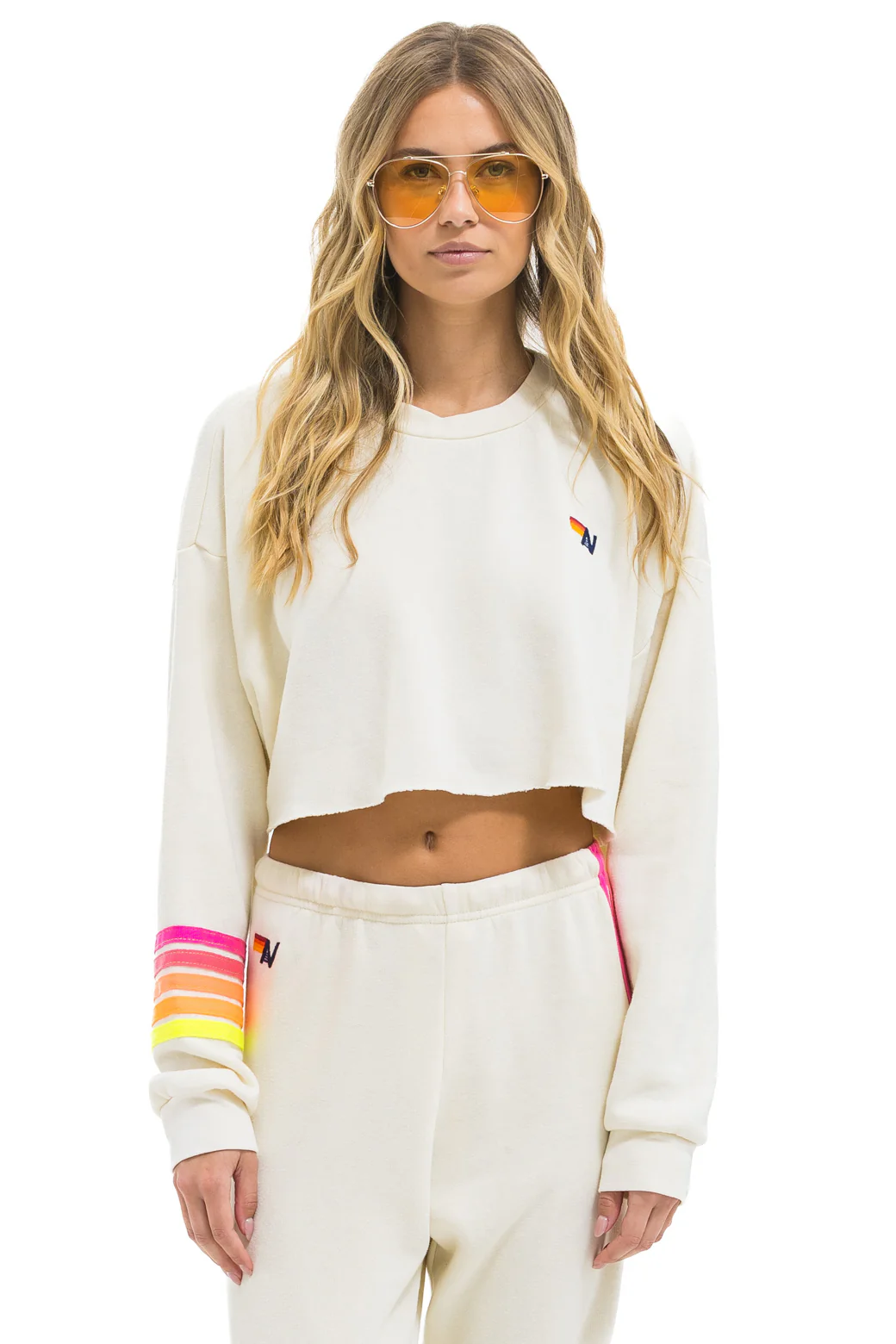 Image of RUGBY STITCH CROPPED CREW SWEATSHIRT RELAXED - VINTAGE WHITE // NEON