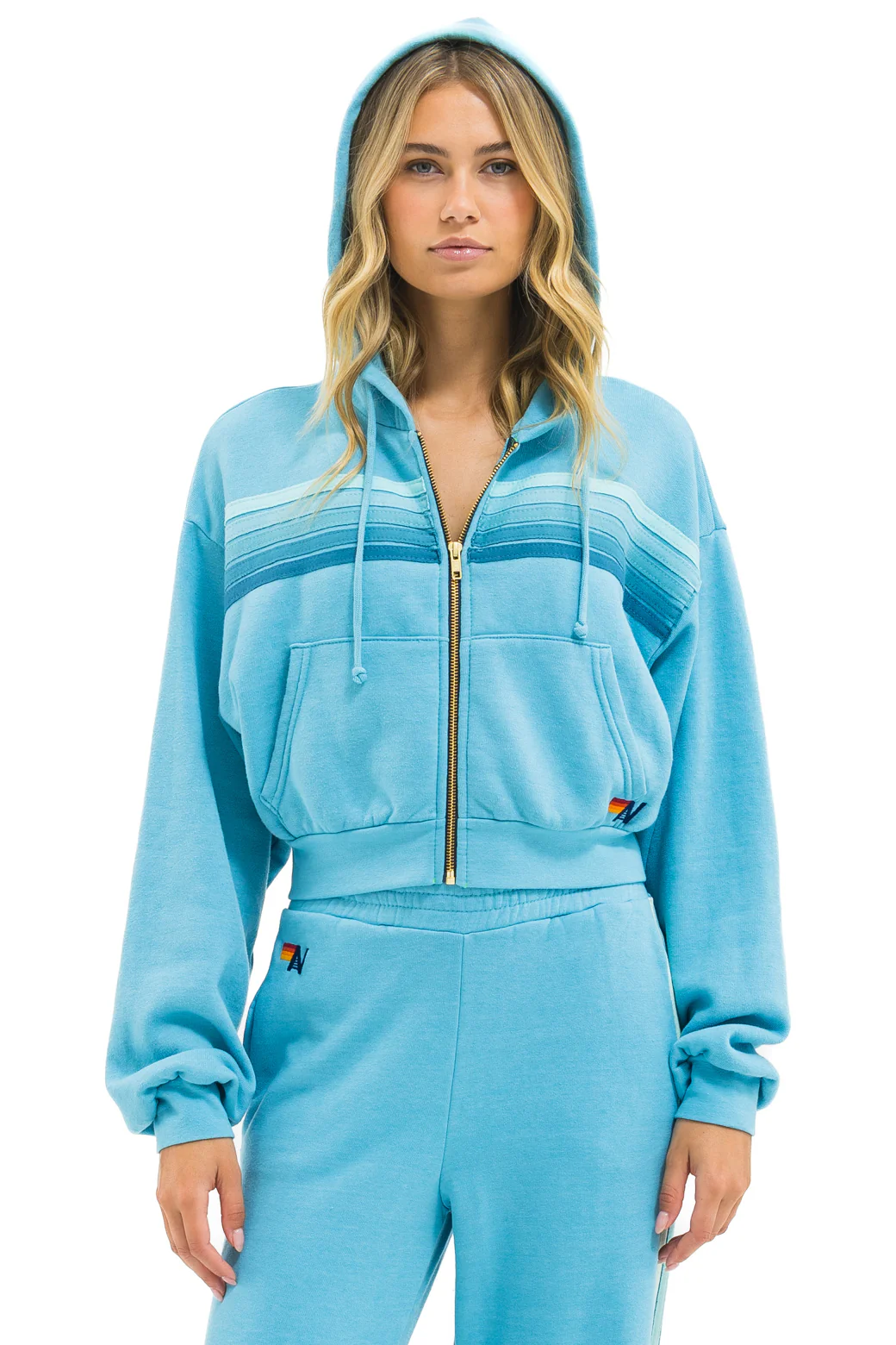 Image of 5 STRIPE CROPPED ZIP HOODIE RELAXED - AQUA // AQUA