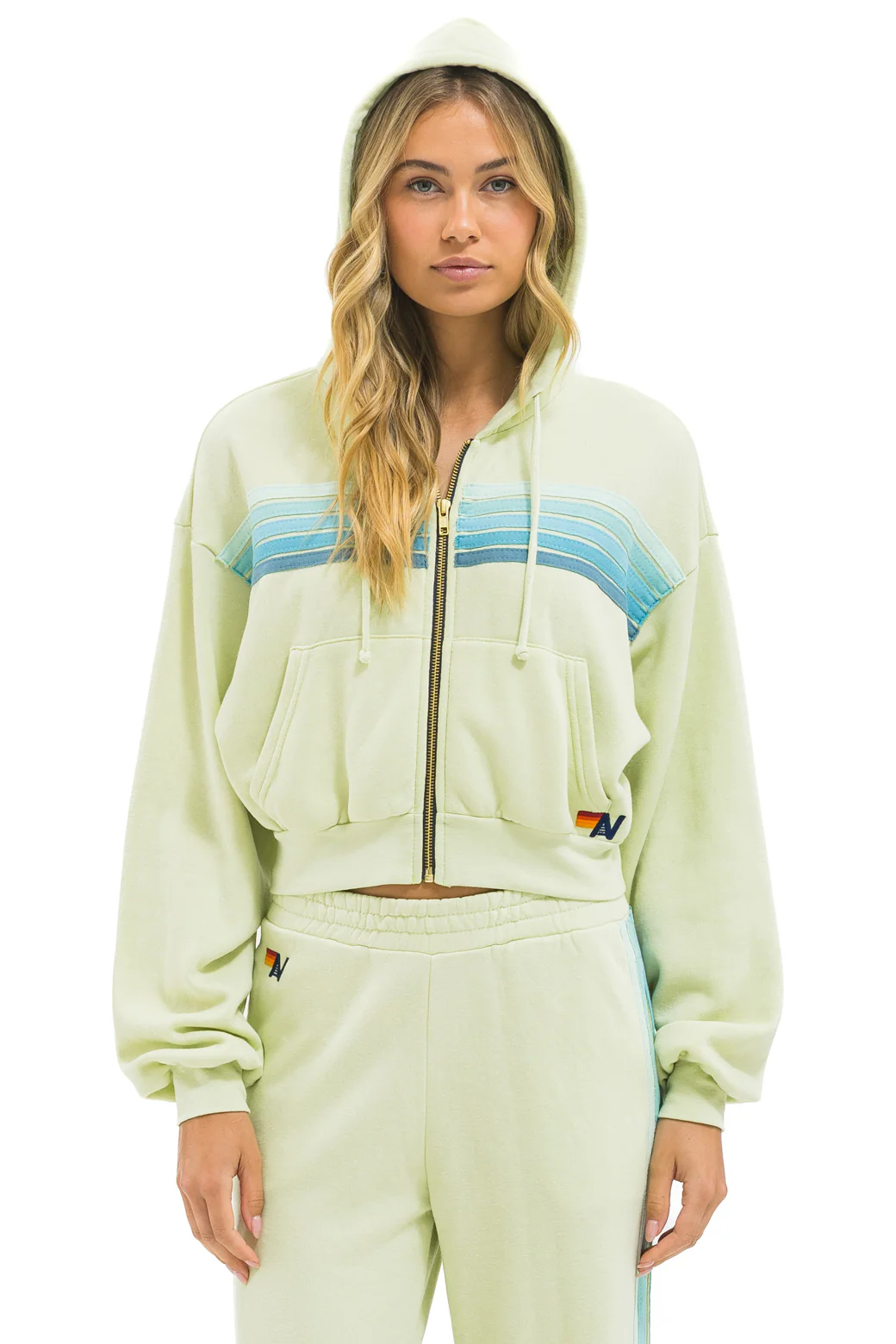 Image of 5 STRIPE CROPPED ZIP HOODIE RELAXED - LIME CREAM // SEAFOAM
