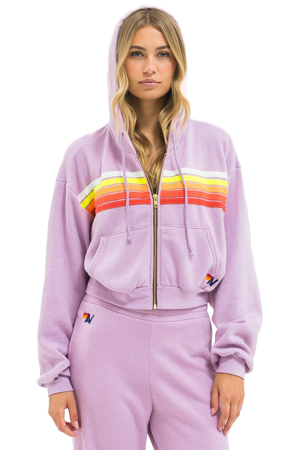 Image of 5 STRIPE CROPPED ZIP HOODIE RELAXED - MAUVE // WHITE NEON