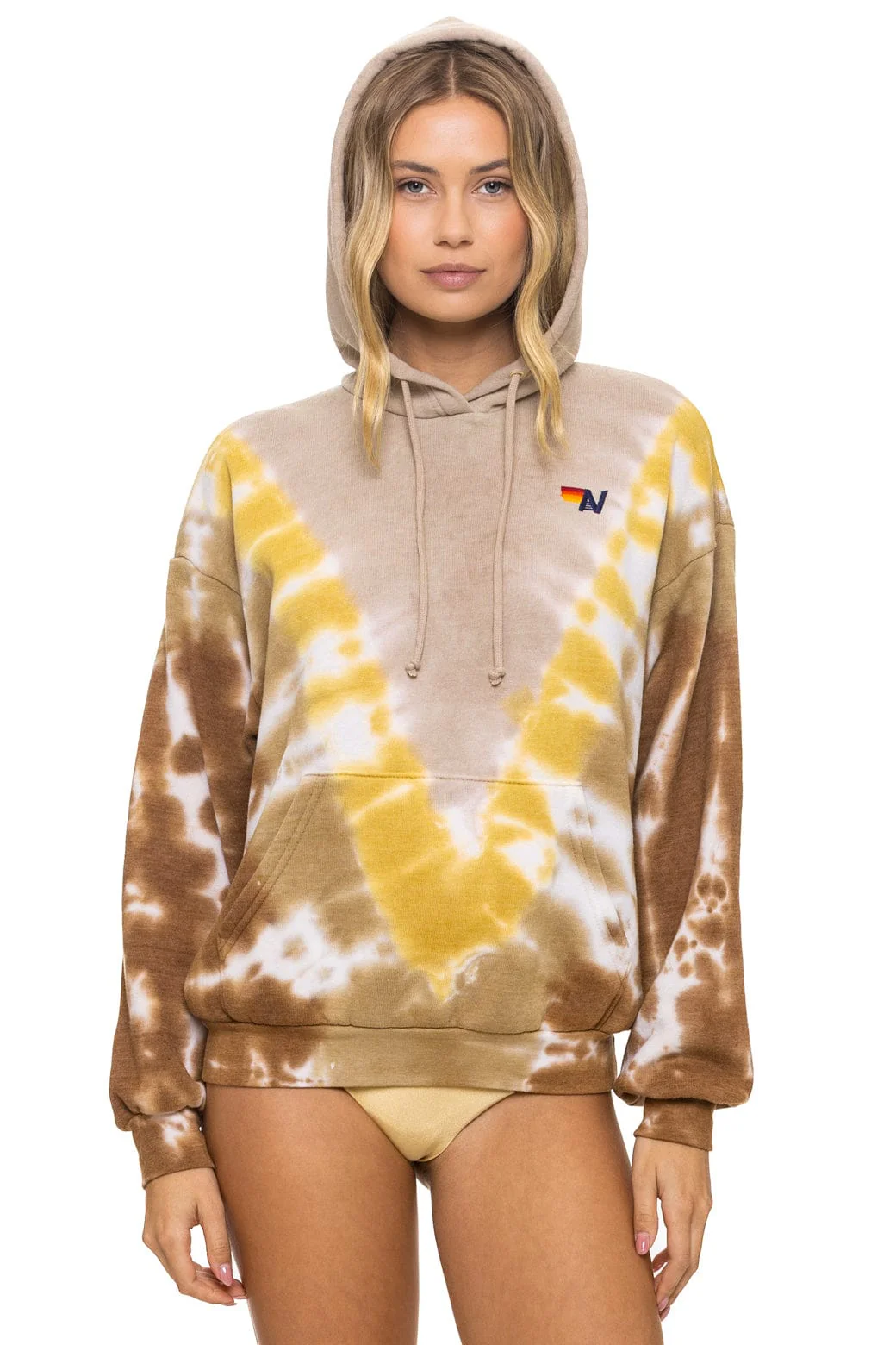 Image of HAND DYED V RELAXED PULLOVER HOODIE - TIE DYE SAND // CINNAMON