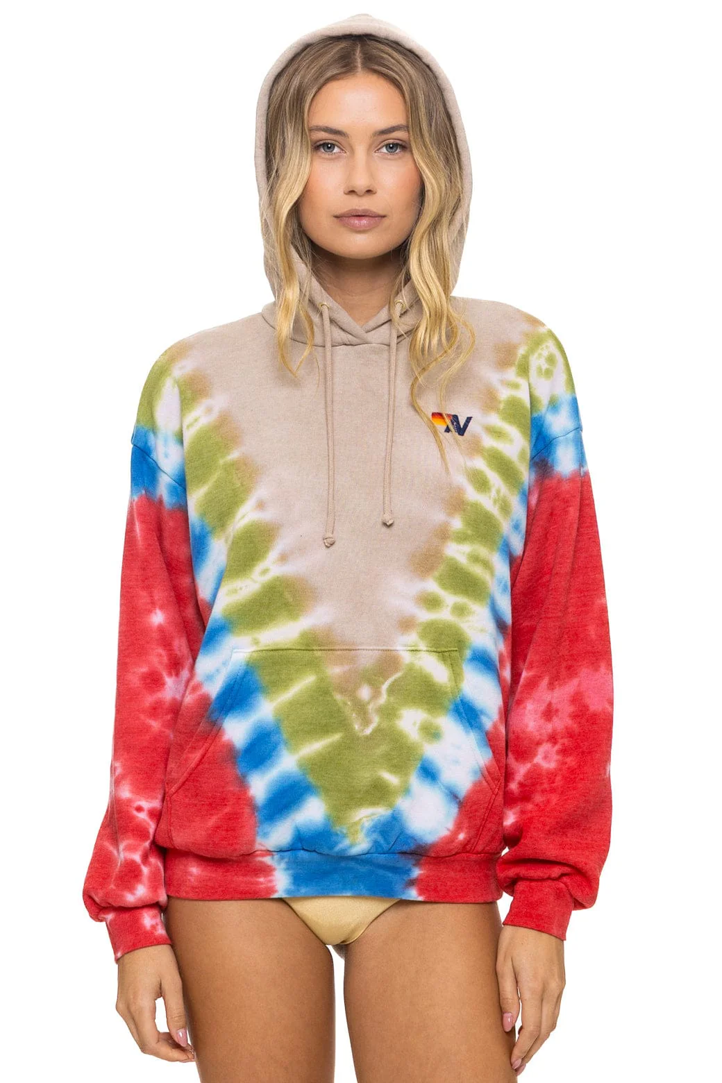 Image of HAND DYED V RELAXED PULLOVER HOODIE - TIE DYE SAND // BLUE RED
