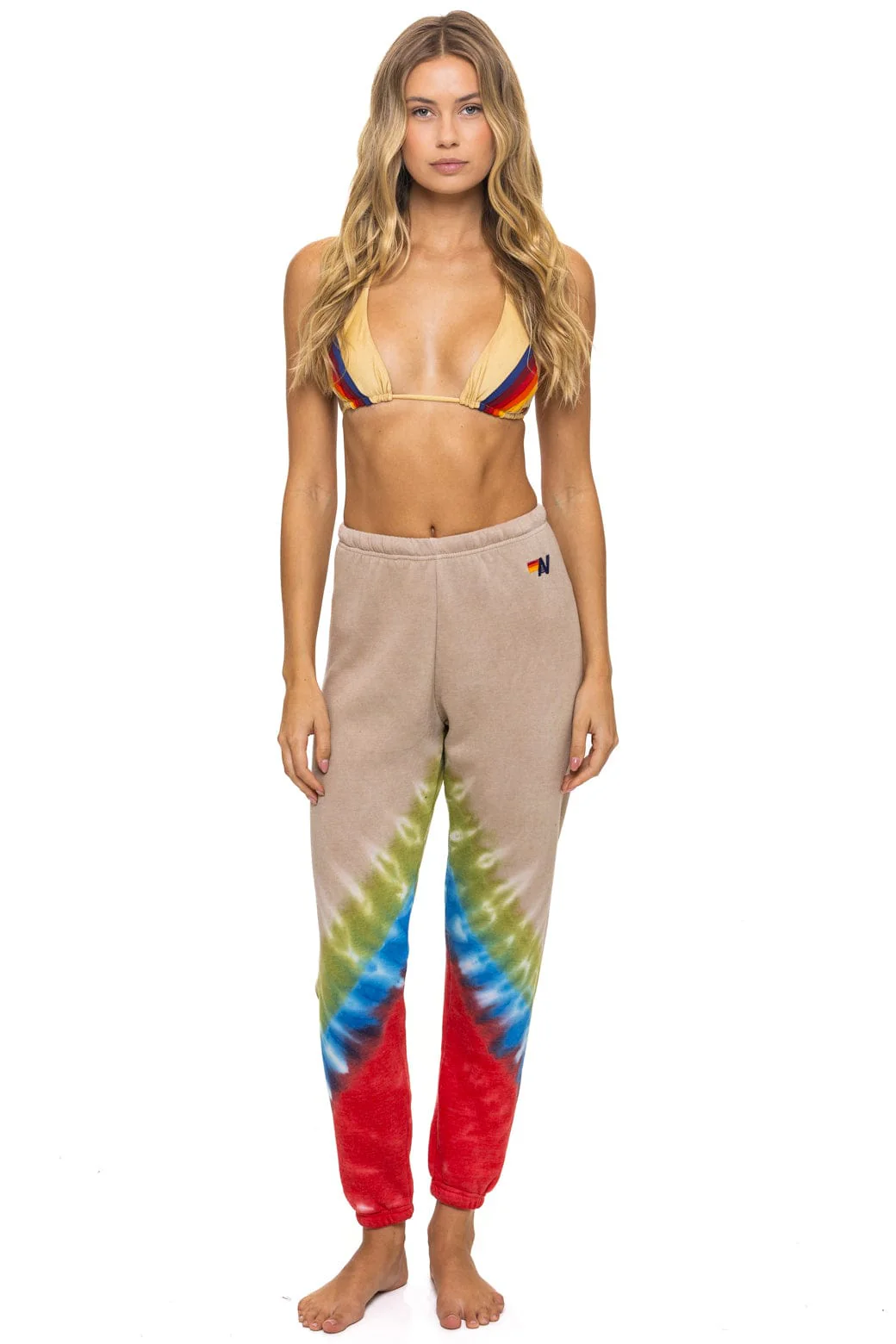 Image of HAND DYED V SWEATPANTS - TIE DYE SAND // BLUE RED