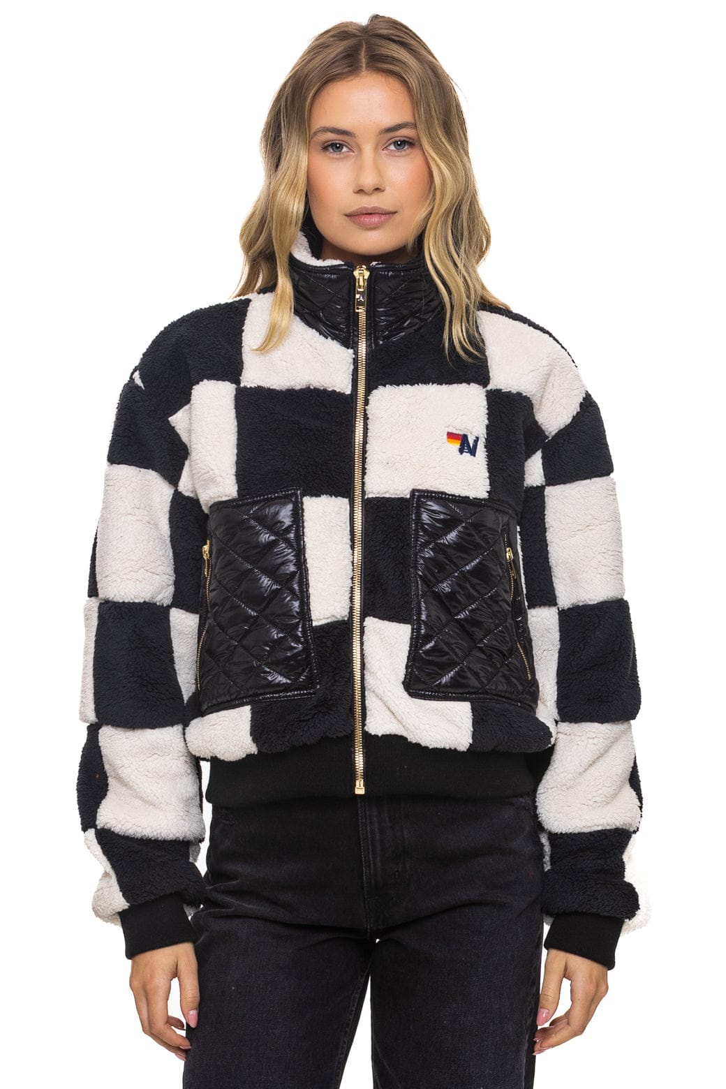 Image of TEDDY CHECKERBOARD WOMENS FULL ZIP JACKET - VINTAGE // BLACK