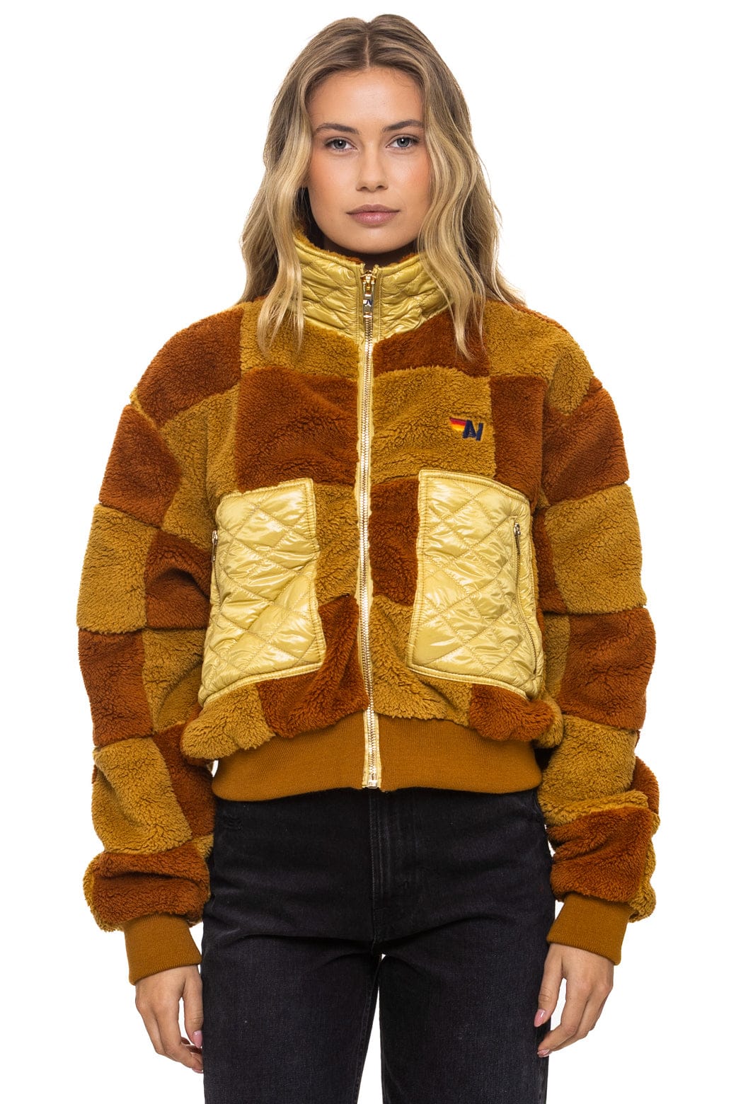 Image of TEDDY CHECKERBOARD WOMENS FULL ZIP JACKET - HONEY // WHISKEY