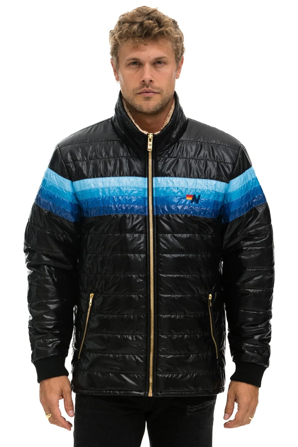 Image of 4 STRIPE JACKET -  GLOSSY BLACK // BLUE