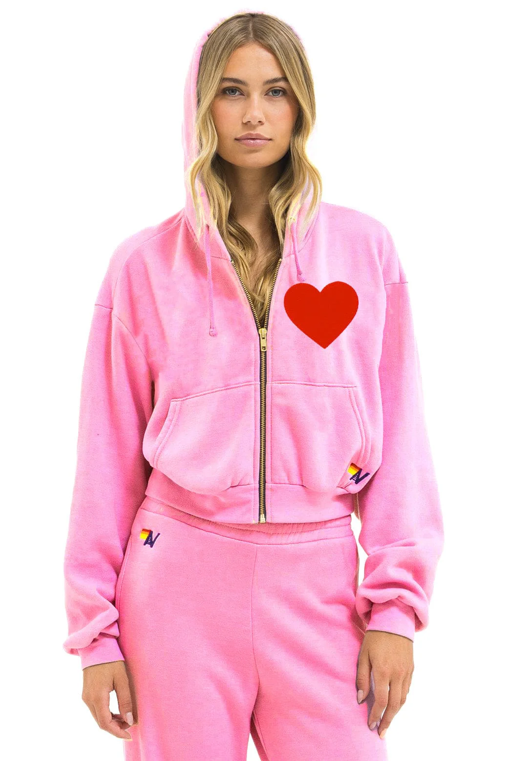 Image of HEART STITCH RELAXED CROP ZIP HOODIE - NEON PINK