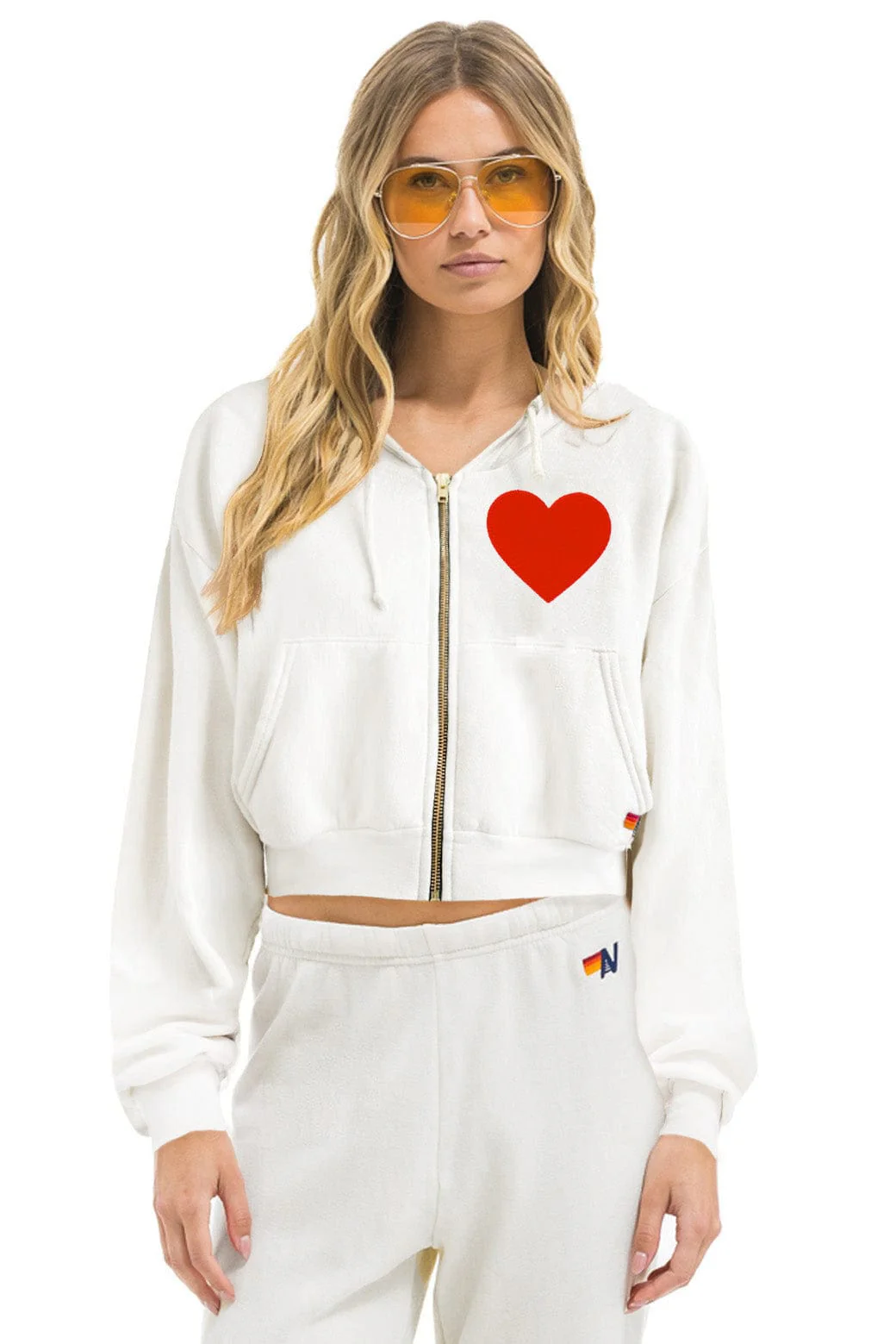 Image of HEART STITCH RELAXED CROP ZIP HOODIE - WHITE