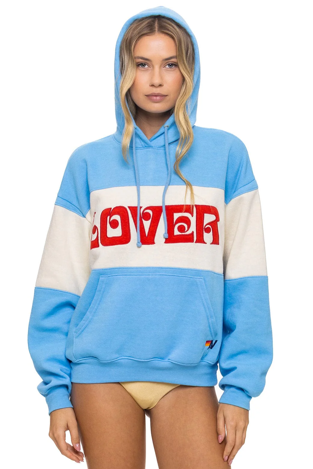 Image of LOVER EMBROIDERY COLOR BLOCK PULLOVER HOODIE RELAXED - SKY // VINTAGE WHITE