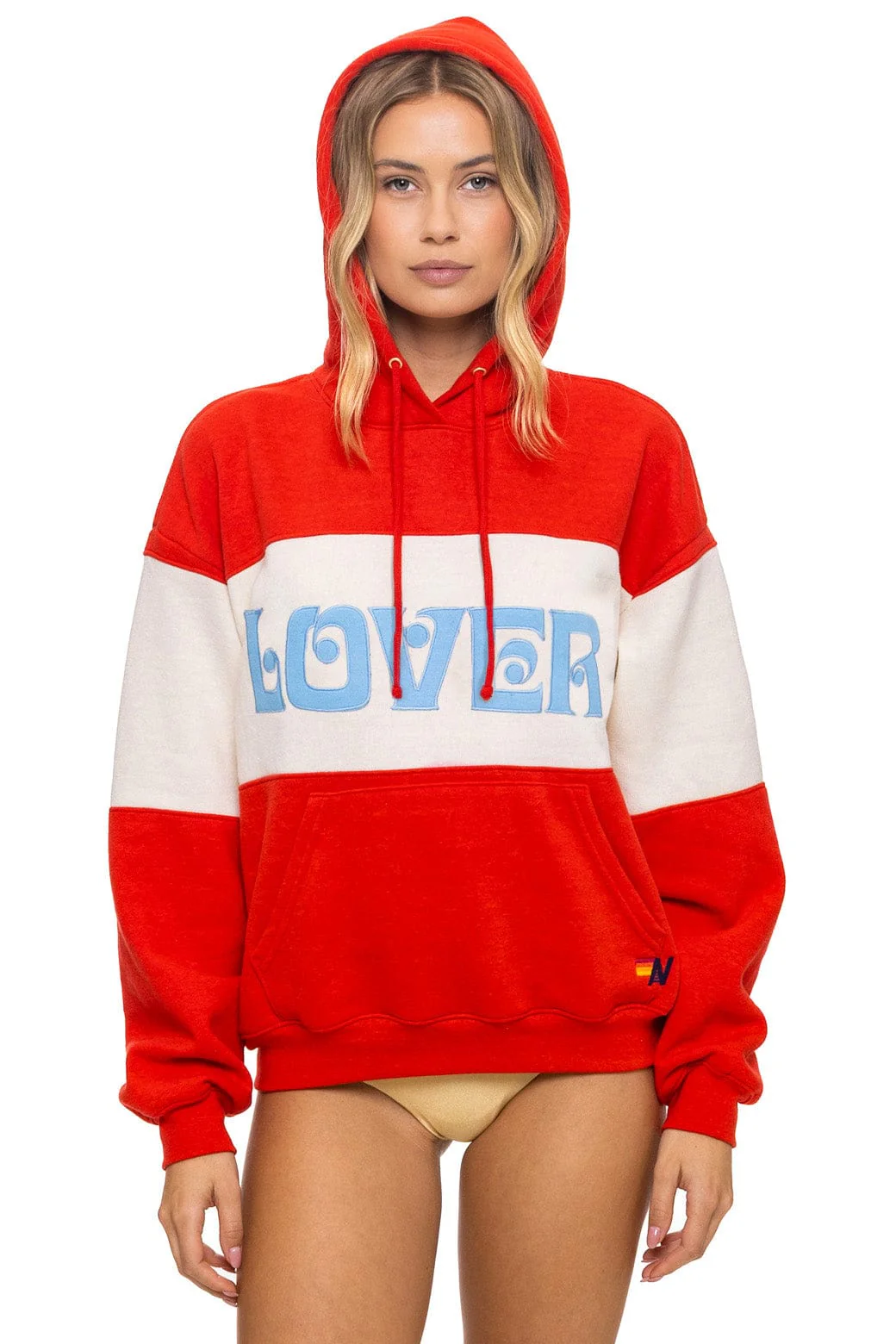 Image of LOVER EMBROIDERY COLOR BLOCK PULLOVER HOODIE RELAXED - RED // VINTAGE WHITE