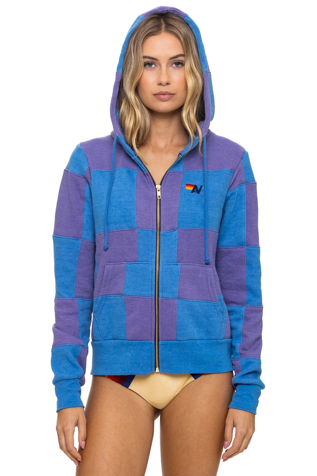 Image of CHECK QUILT ZIP HOODIE - LAVENDER // OCEAN
