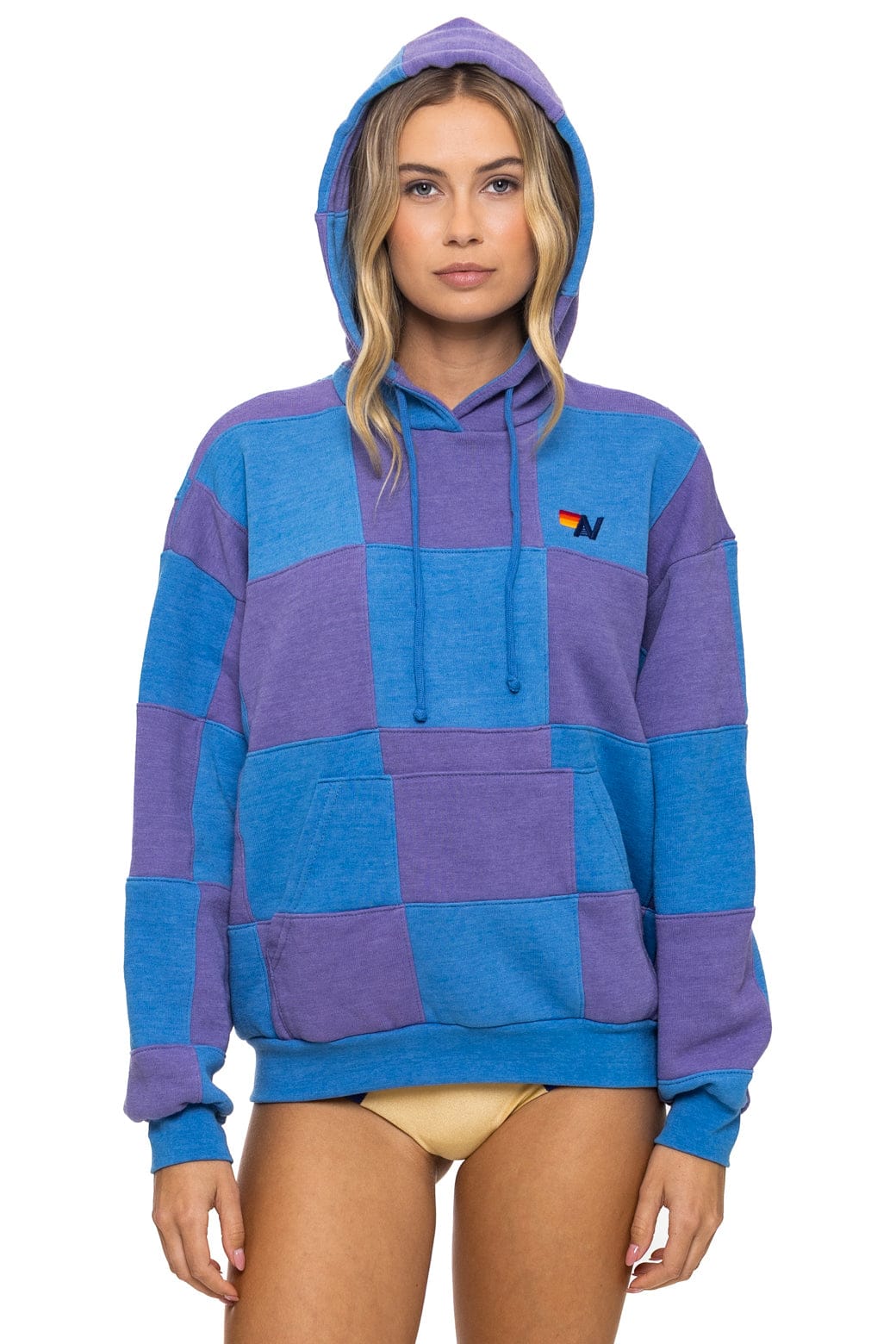 Image of CHECK QUILT RELAXED PULLOVER HOODIE - LAVENDER // OCEAN