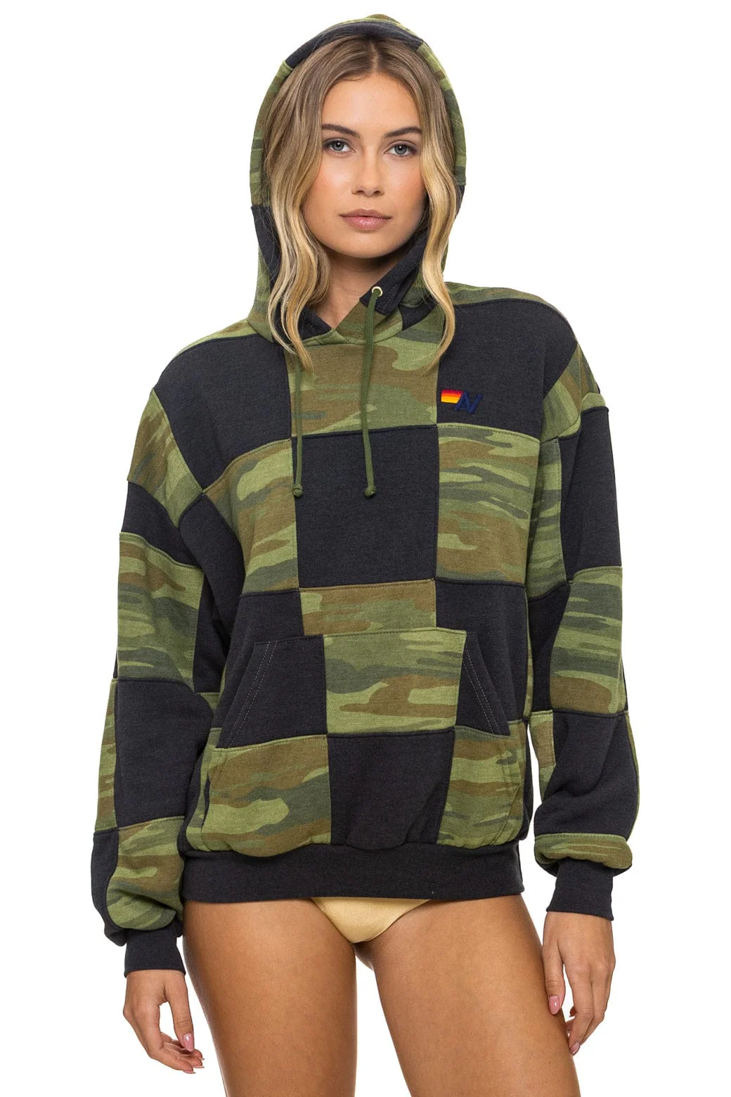 Image of CHECK QUILT RELAXED PULLOVER HOODIE - SMOKE // CAMO