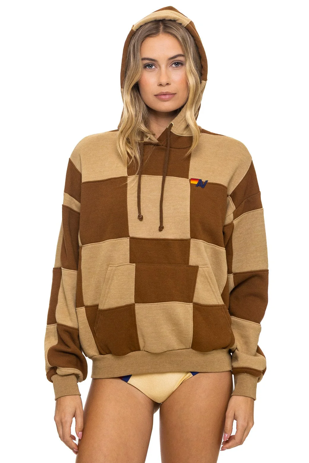 Image of CHECK QUILT RELAXED PULLOVER HOODIE - TAN // CINNAMON