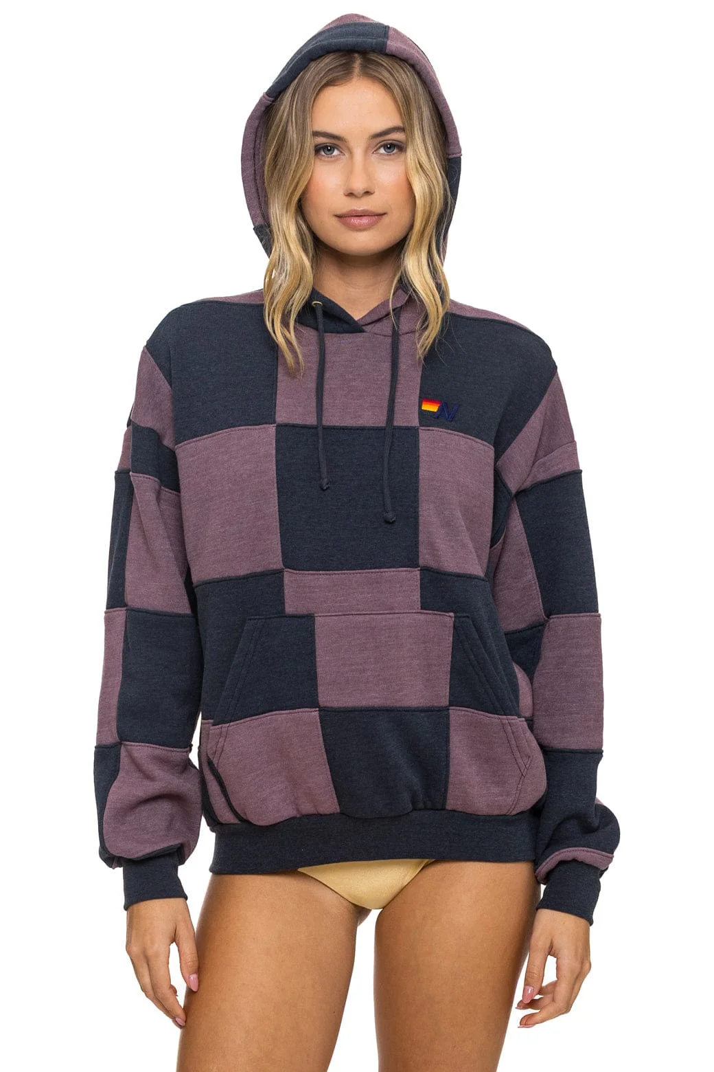 Image of CHECK QUILT RELAXED PULLOVER HOODIE - CHARCOAL // MOCHA