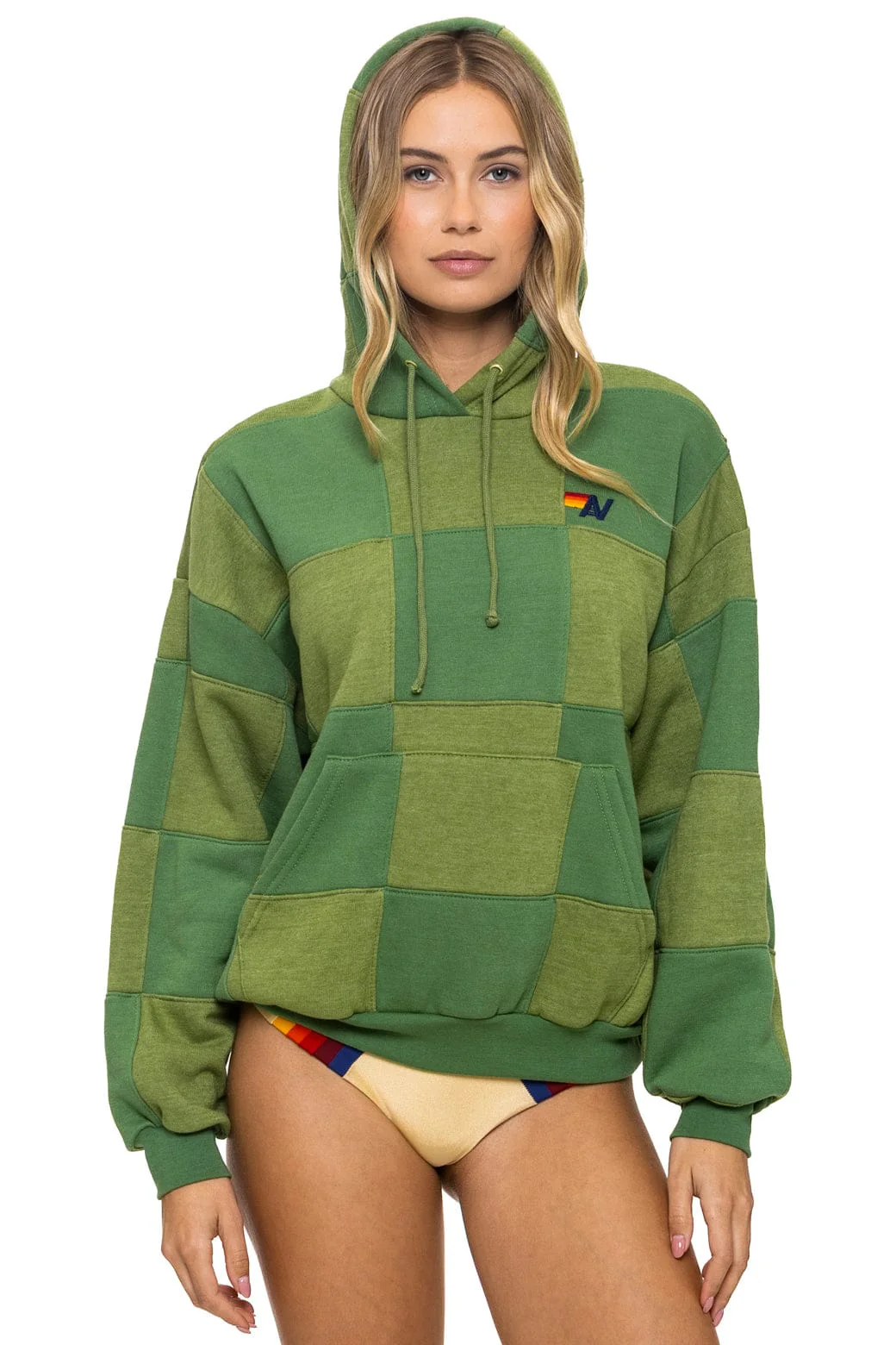 Image of CHECK QUILT RELAXED PULLOVER HOODIE - JUNGLE GREEN // PALM