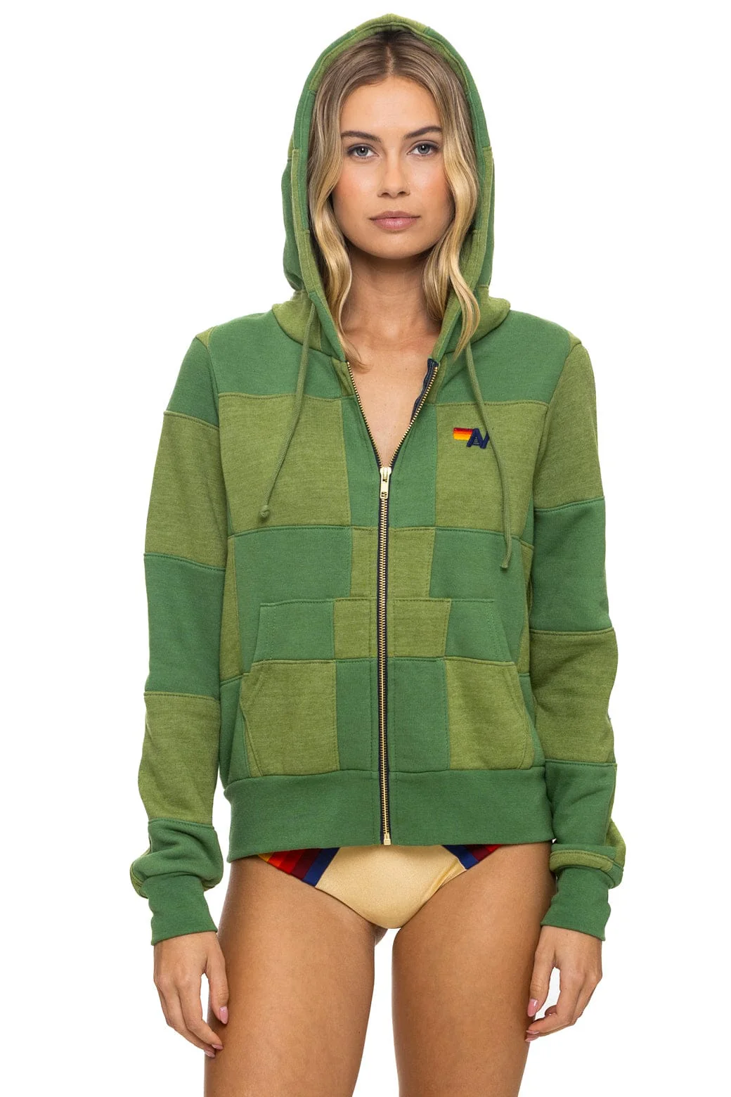 Image of CHECK QUILT ZIP HOODIE - JUNGLE GREEN // PALM