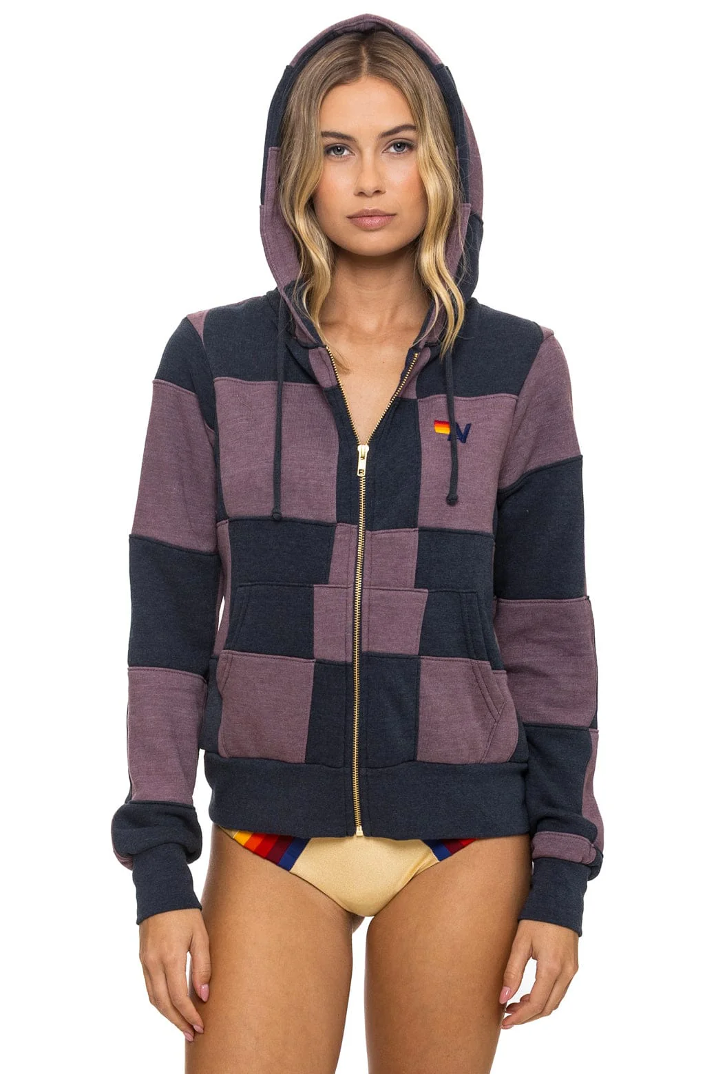 Image of CHECK QUILT ZIP HOODIE - CHARCOAL // MOCHA