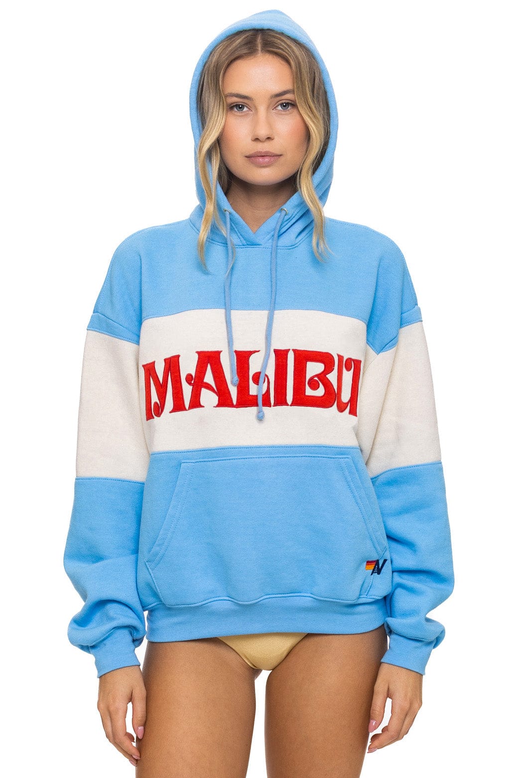 Image of MALIBU EMBROIDERY COLOR BLOCK PULLOVER HOODIE RELAXED - SKY // VINTAGE WHITE