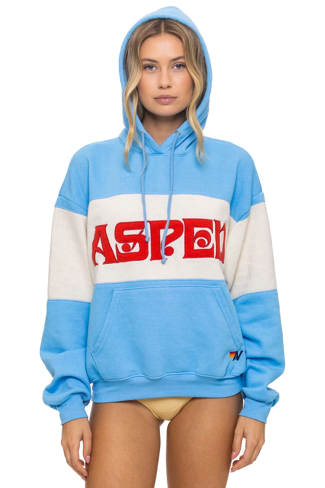 Image of ASPEN EMBROIDERY COLOR BLOCK PULLOVER HOODIE RELAXED - SKY // VINTAGE WHITE