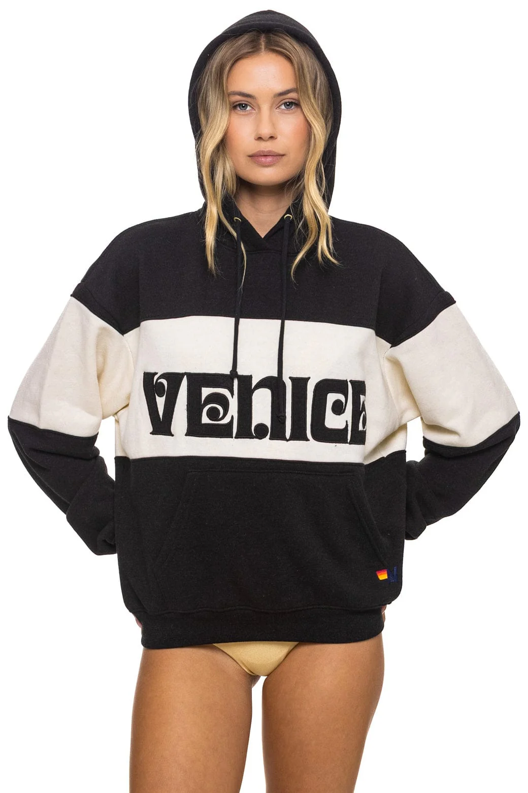 Image of VENICE EMBROIDERY COLOR BLOCK PULLOVER HOODIE RELAXED - BLACK // VINTAGE WHITE