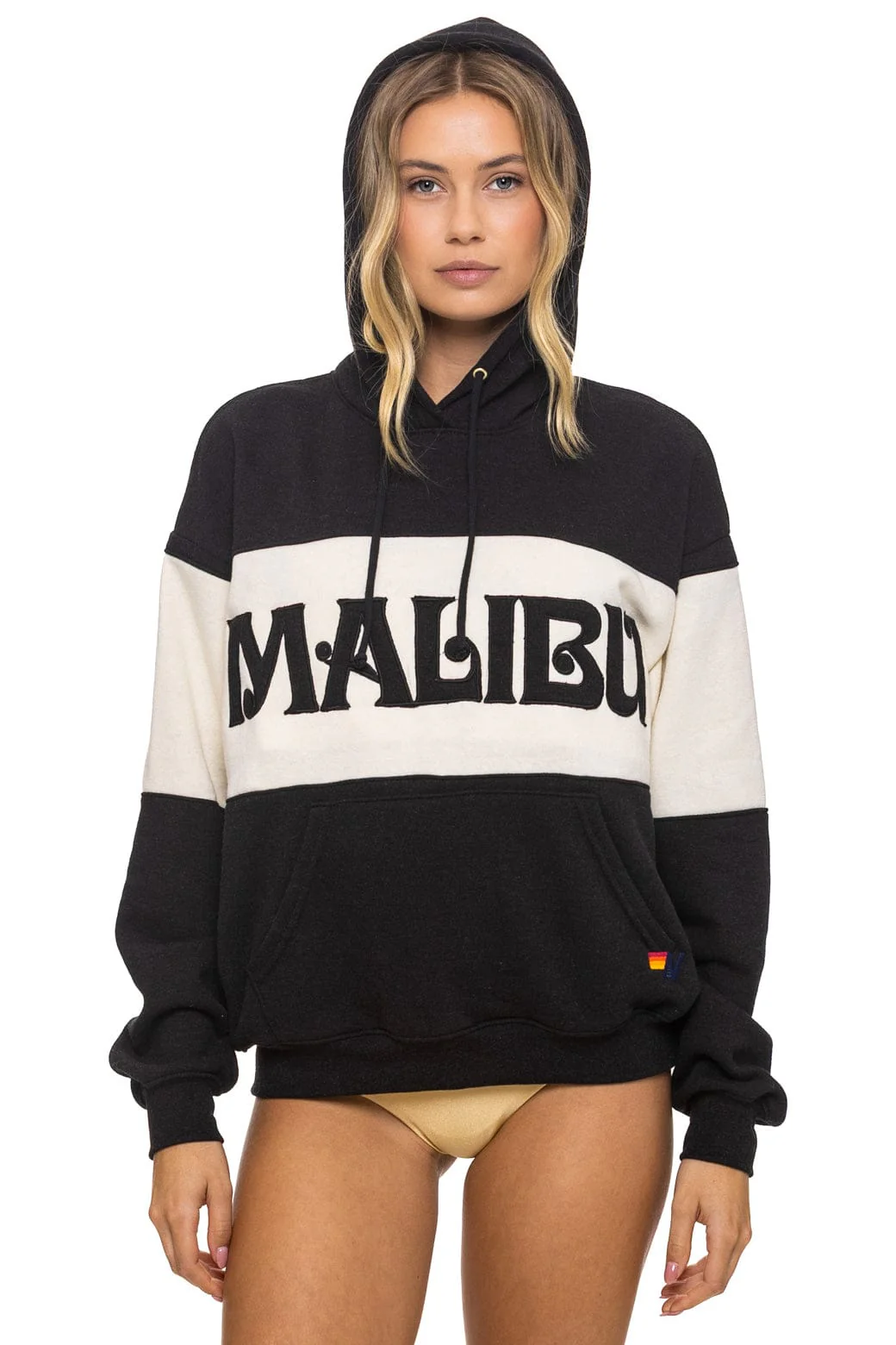 Image of MALIBU EMBROIDERY COLOR BLOCK PULLOVER HOODIE RELAXED - BLACK // VINTAGE WHITE