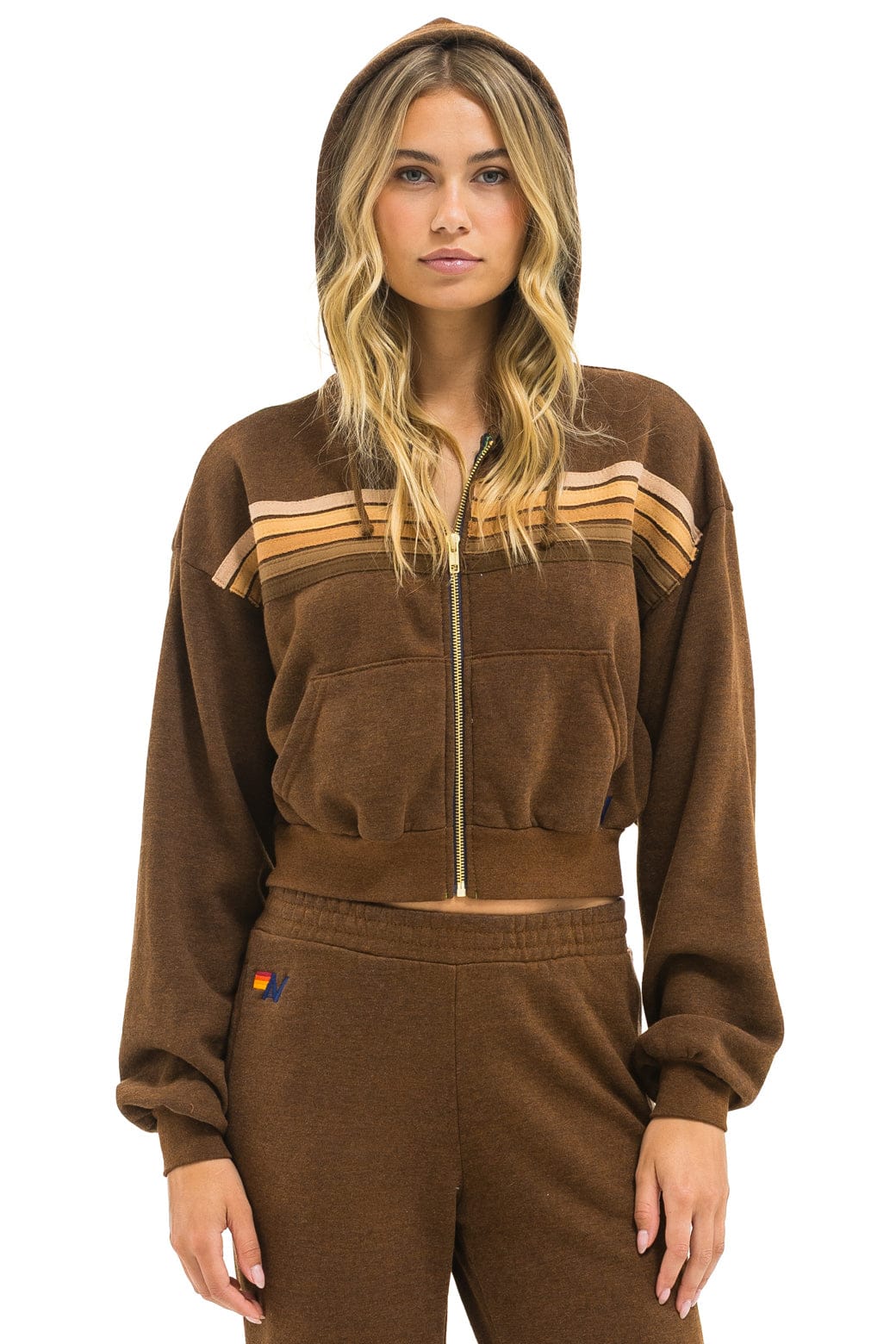 Image of 5 STRIPE CROPPED ZIP HOODIE RELAXED - CHOCOLATE // ESPRESSO
