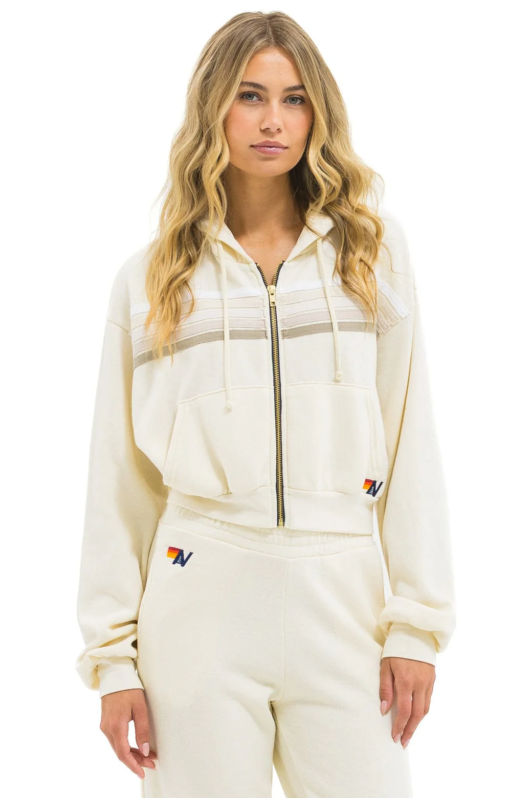 Image of 5 STRIPE CROPPED ZIP HOODIE RELAXED - VINTAGE WHITE // WHITE GREY