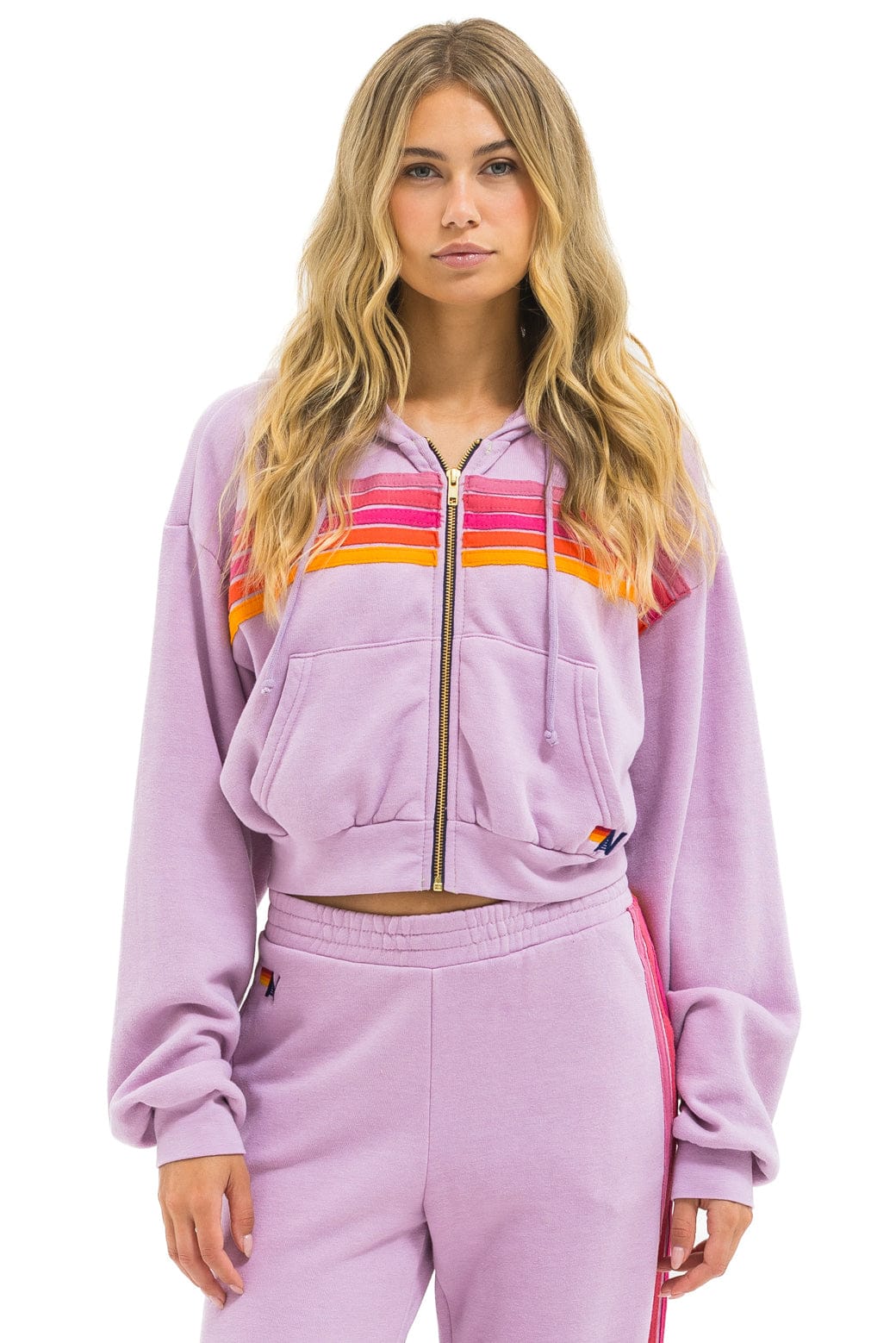 Image of 5 STRIPE CROPPED ZIP HOODIE RELAXED - MAUVE // MAGENTA // ORANGE
