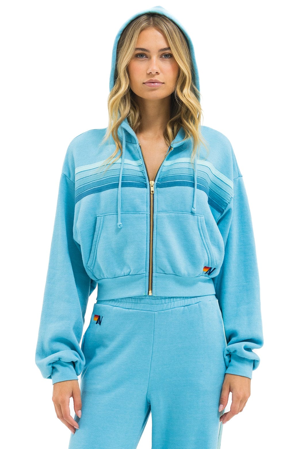 Image of 5 STRIPE CROPPED ZIP HOODIE RELAXED - AQUA // AQUA