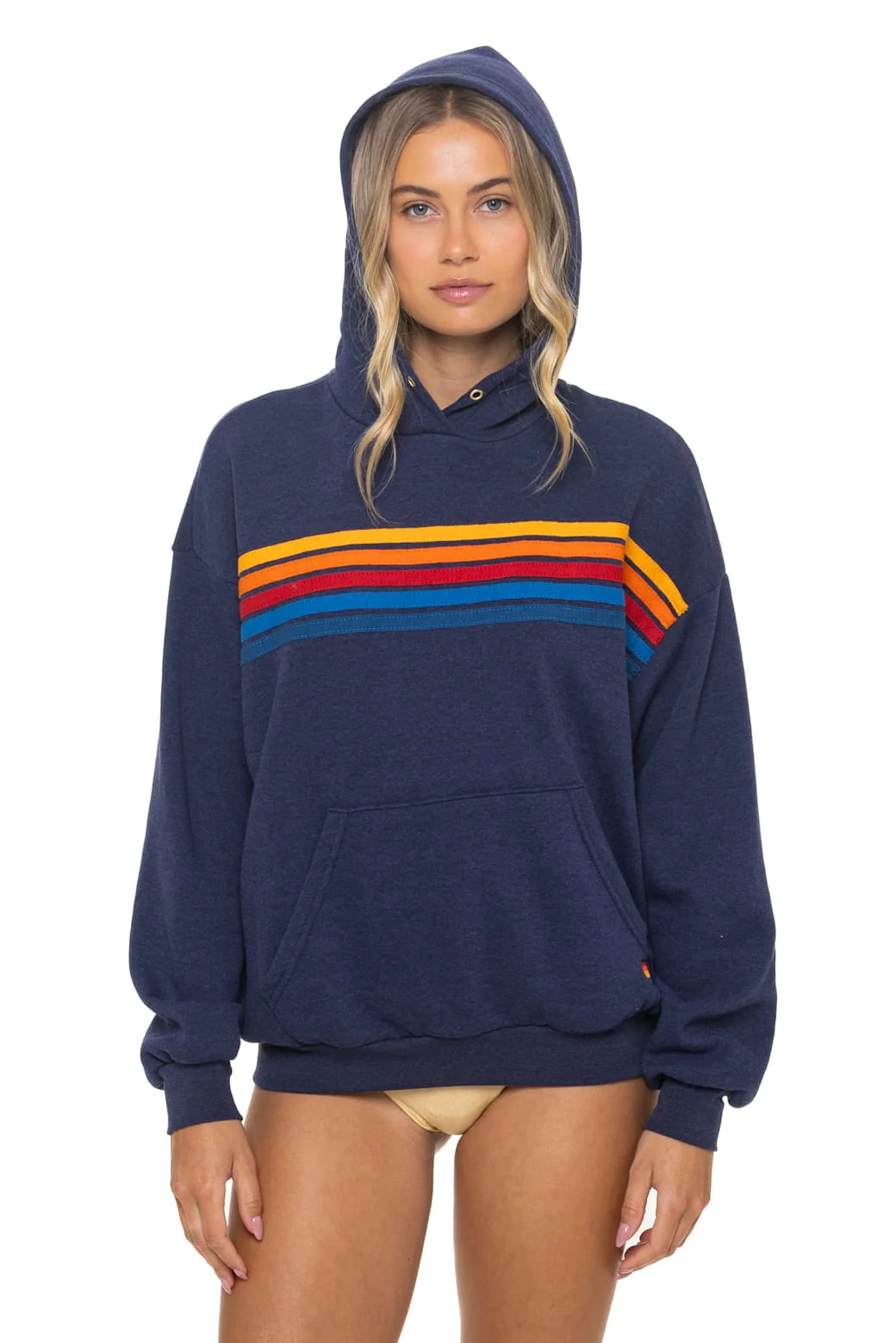 Image of 5 STRIPE RELAXED PULLOVER HOODIE - NAVY