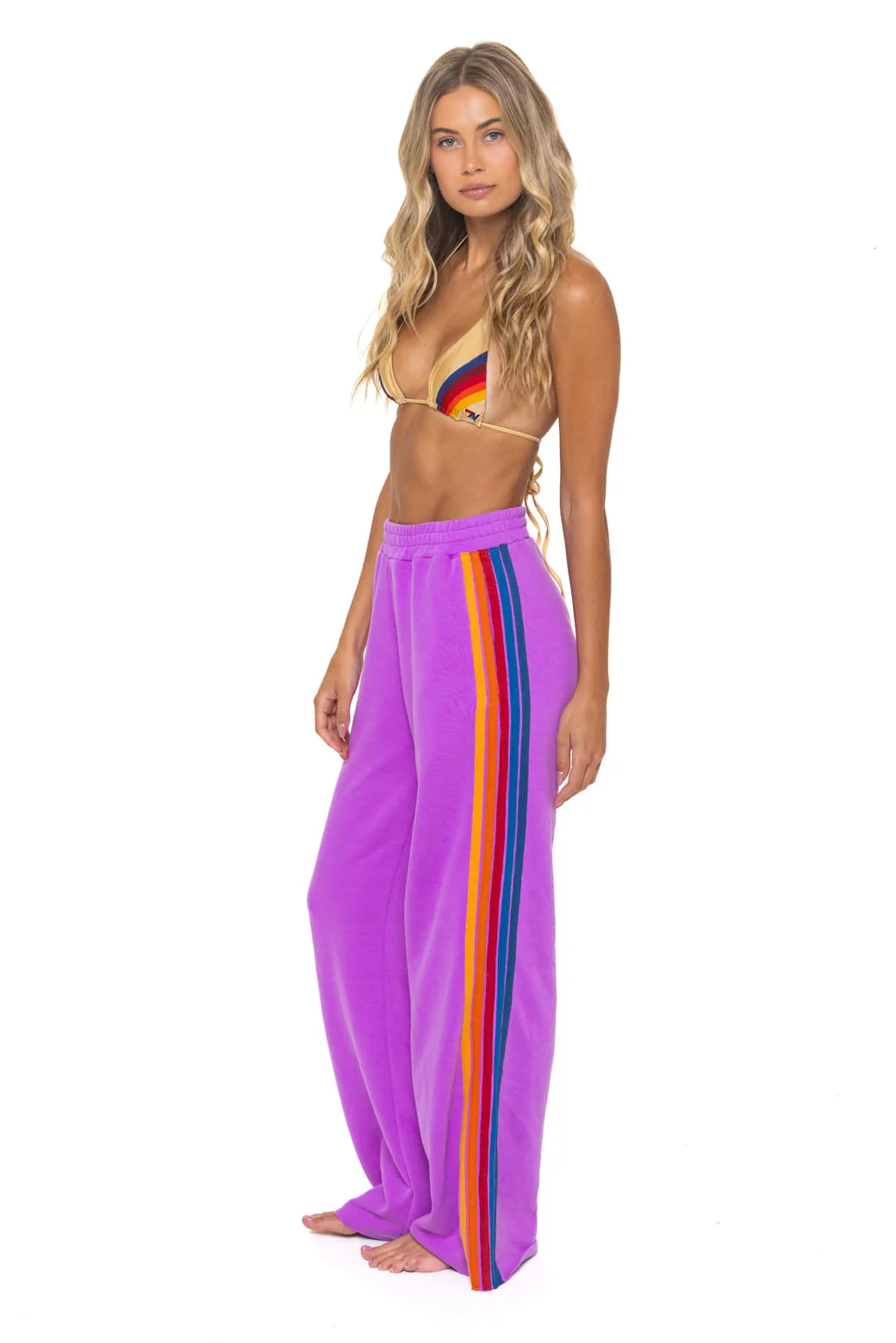 Image of 5 STRIPE WIDE LEG POCKET SWEATPANTS - NEON PURPLE