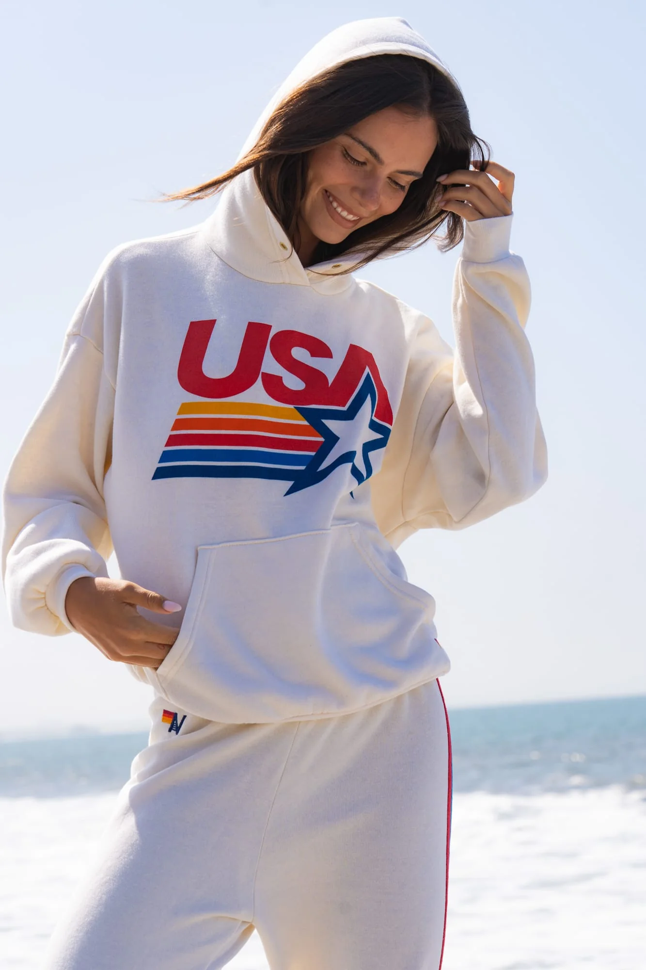 Aviator Nation USA Star Relaxed Pullover Hoodie — Vintage White