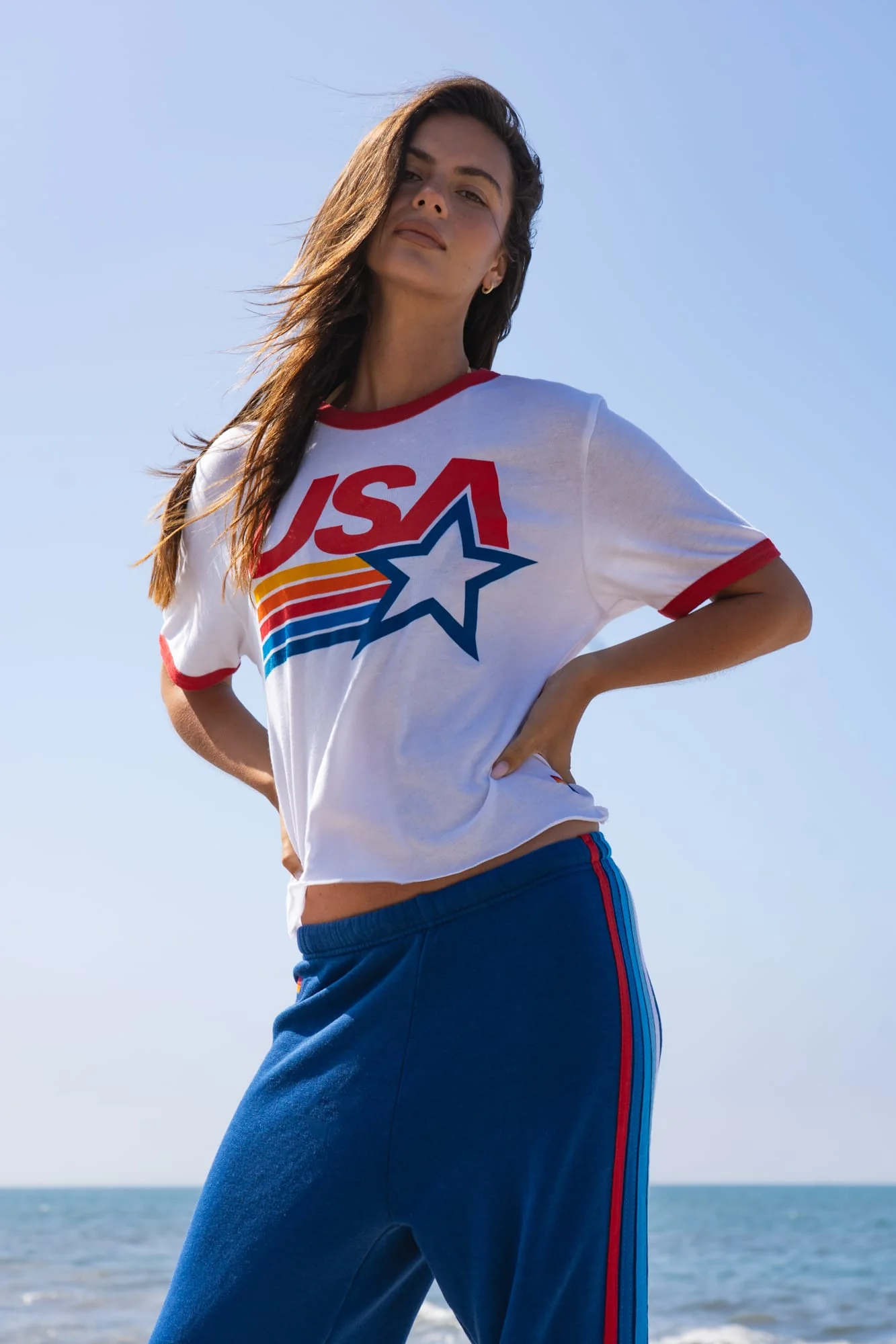 Aviator Nation USA Star Boyfriend Ringer Tee — White Red
