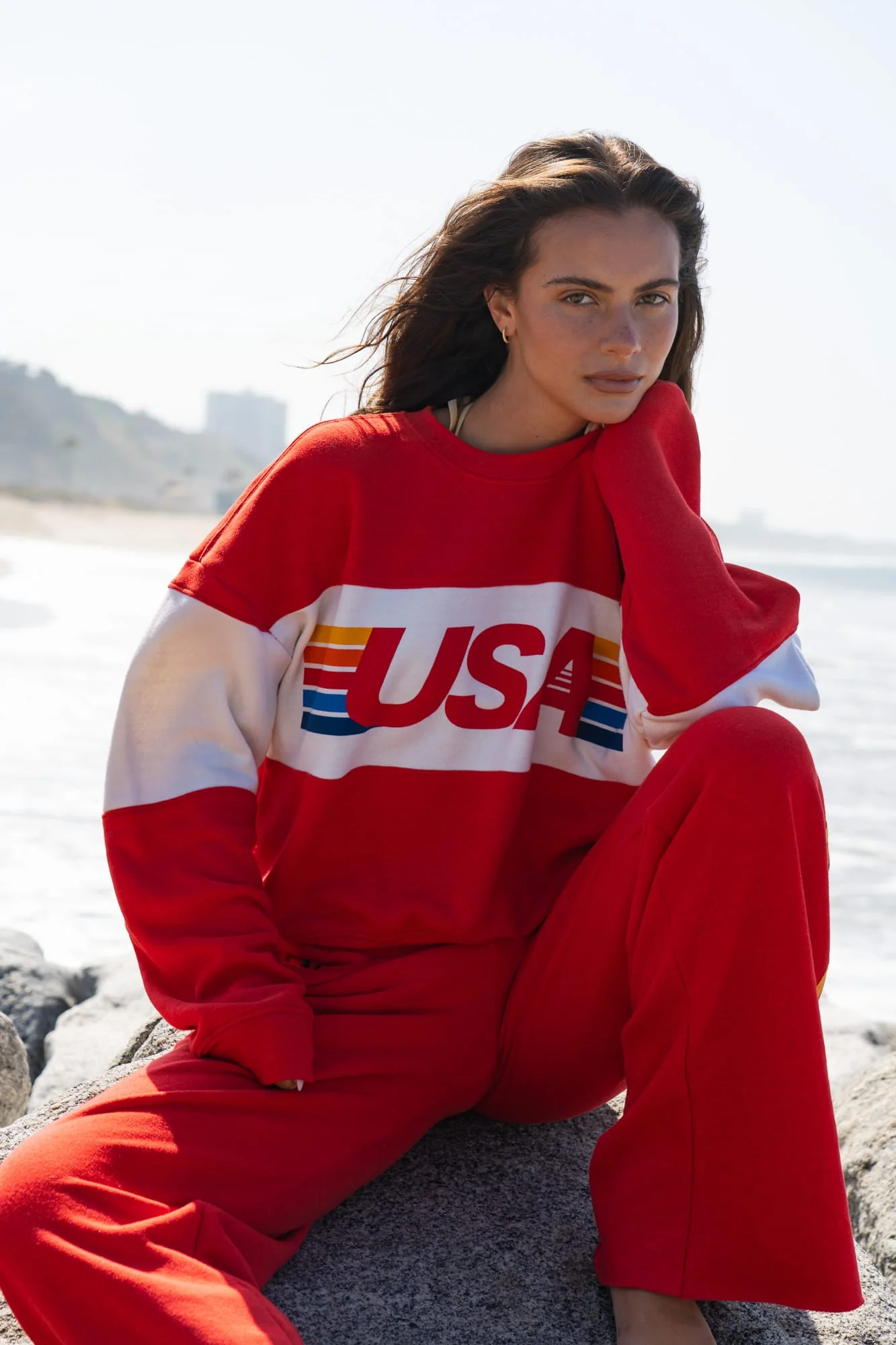 Aviator Nation USA Relaxed Crew Sweatshirt — Red Vintage White