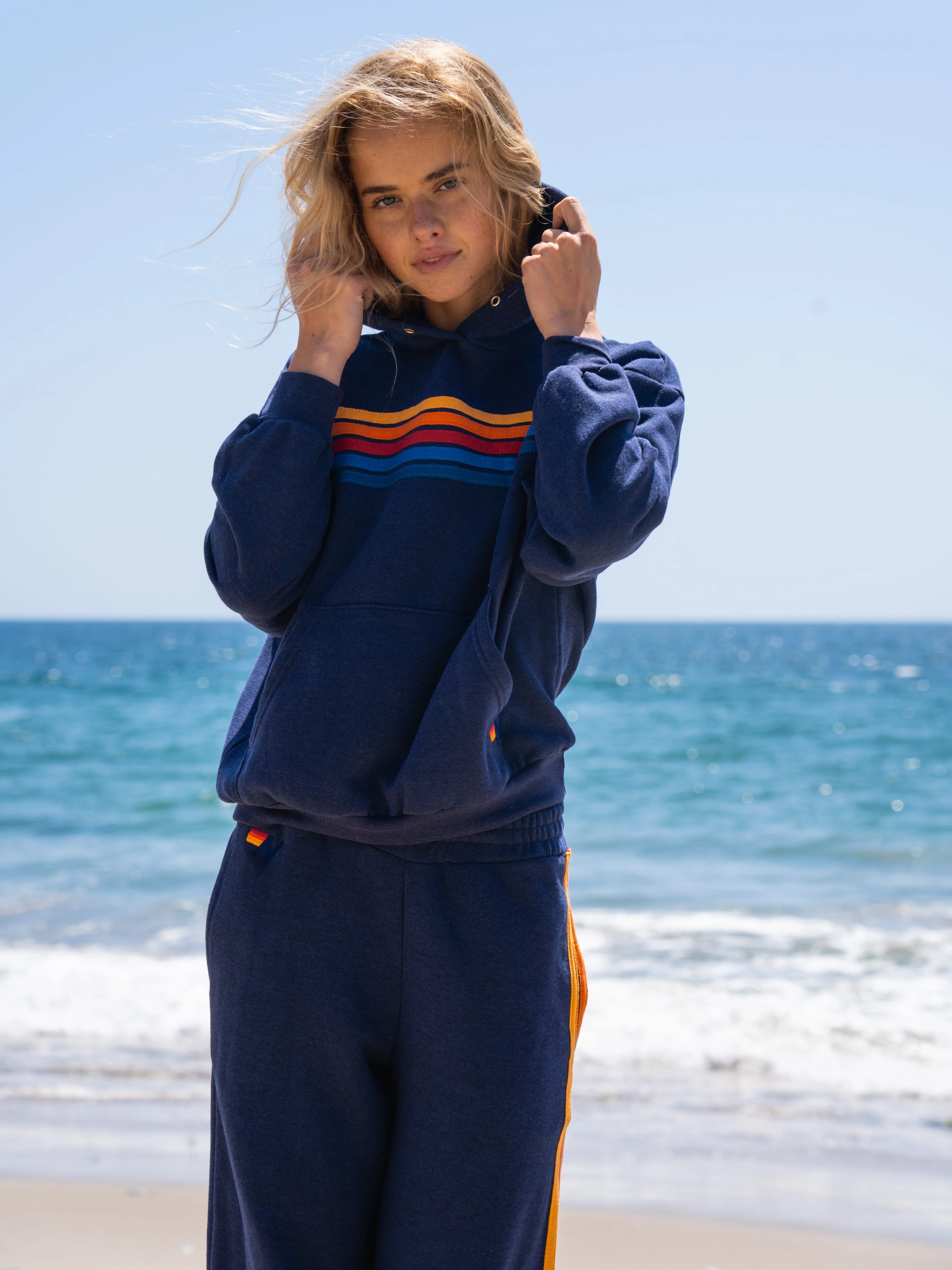 Aviator Nation 5-Stripe Relaxed Pullover Hoodie — Navy
