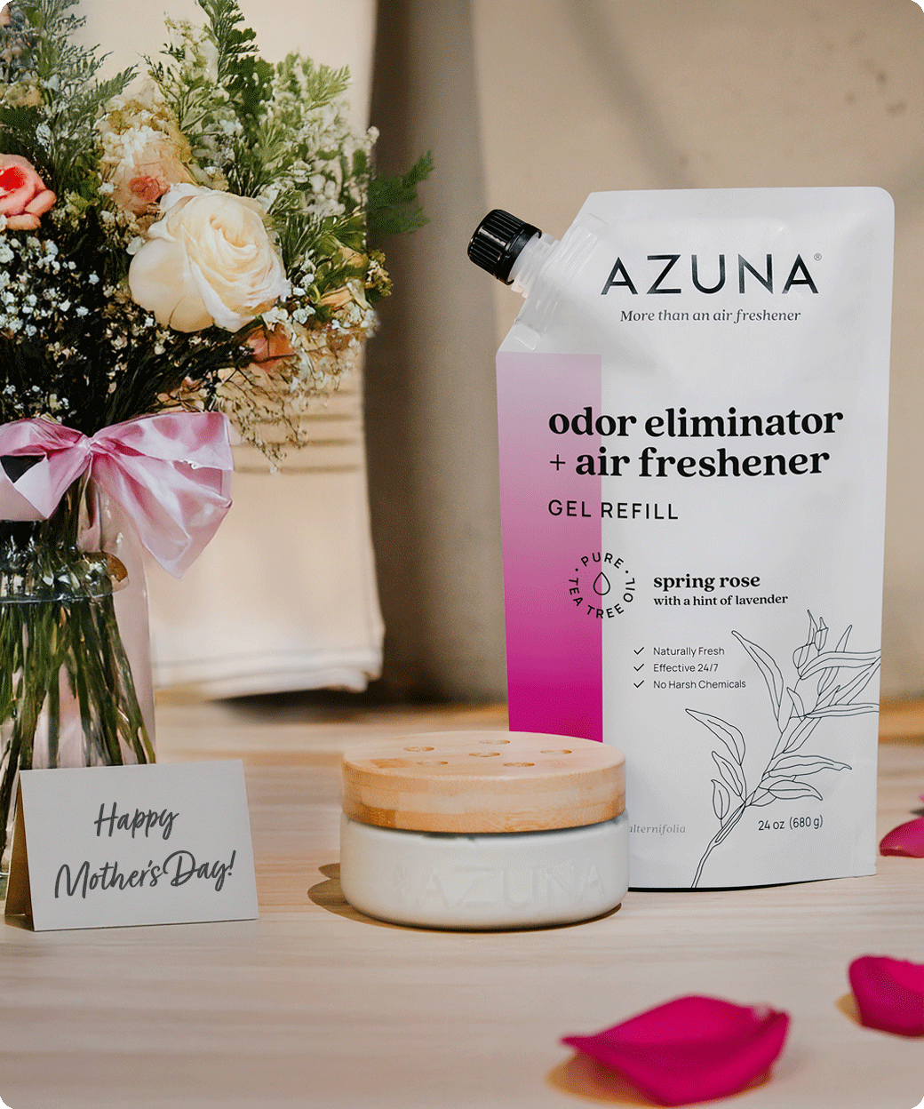 Azuna Spring Rose gel and jar in kitchen