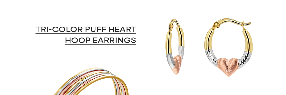 Tri-Color Puff Heart Hoop Earrings